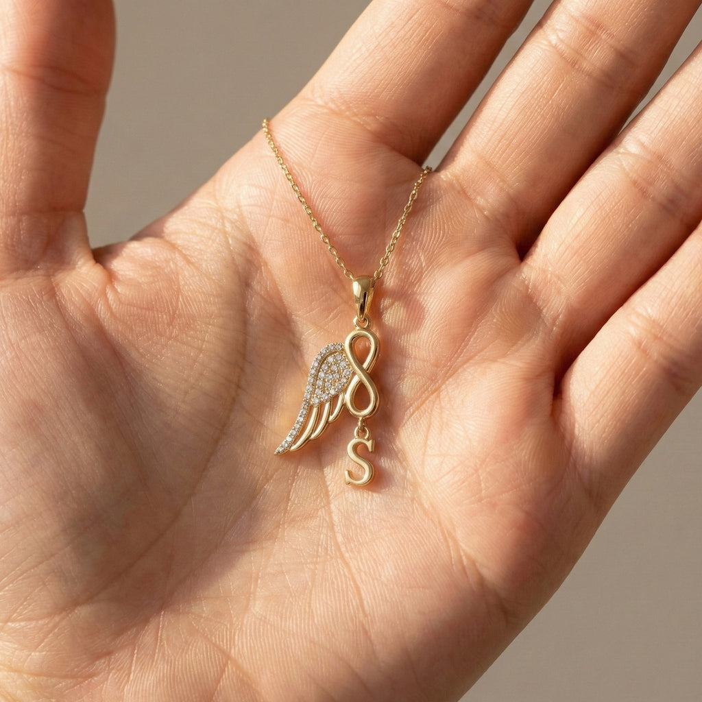 Modern Drop Initial Personalized Diamond Everyday Pendant, Angel Wing Infinity Pendant, Custom Memorial Gift for Her, Anniversary Jewelry