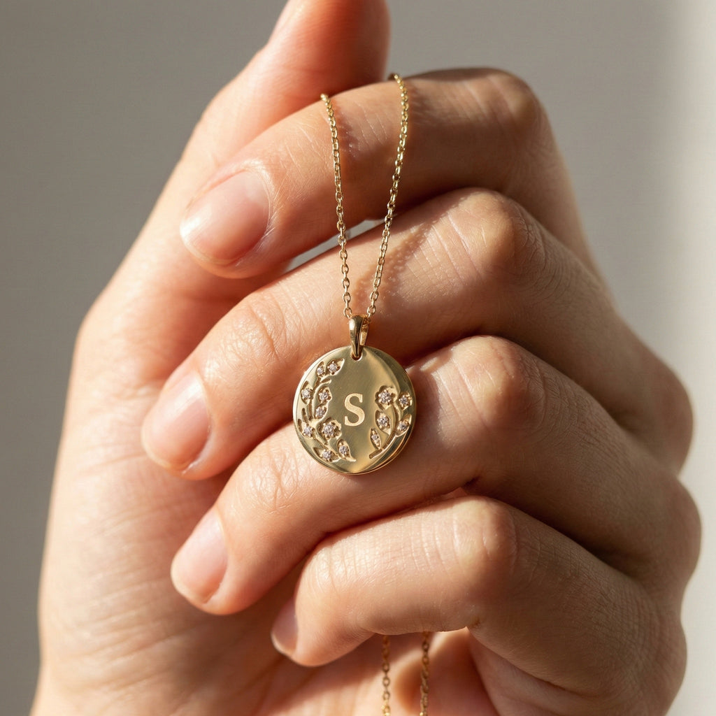 Botanical Initial Diamond Disc Pendant in 14K Solid Gold, Personalized Gold Coin Charm, Floral Letter Pendant, Custom Monogram Jewelry, Gift for Her
