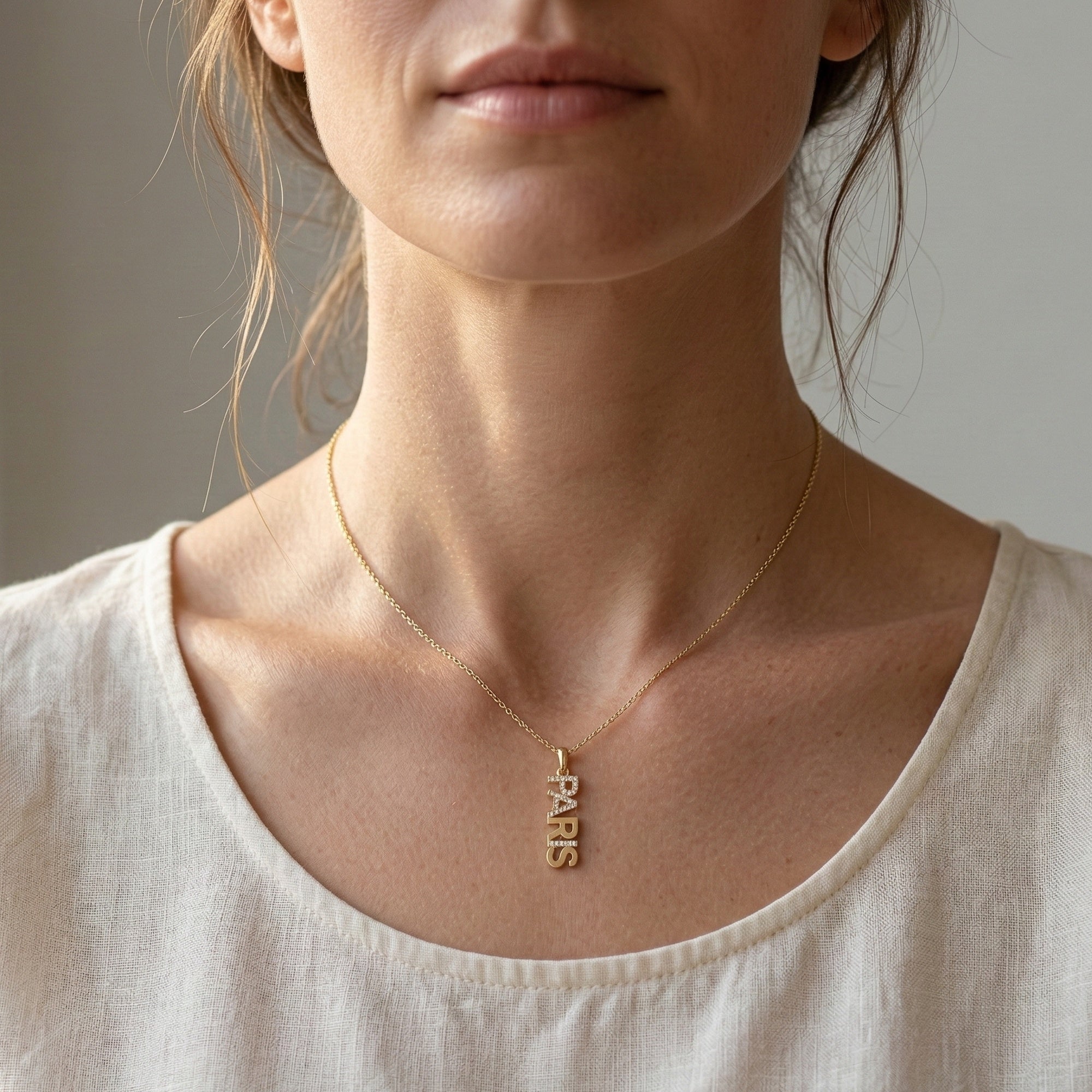 14K Solid Gold Custom Vertical Name Pendant with Diamonds, Personalized Pave Gold Fine Jewelry, Elegant Dainty Vertical Nameplate Pendant for Her