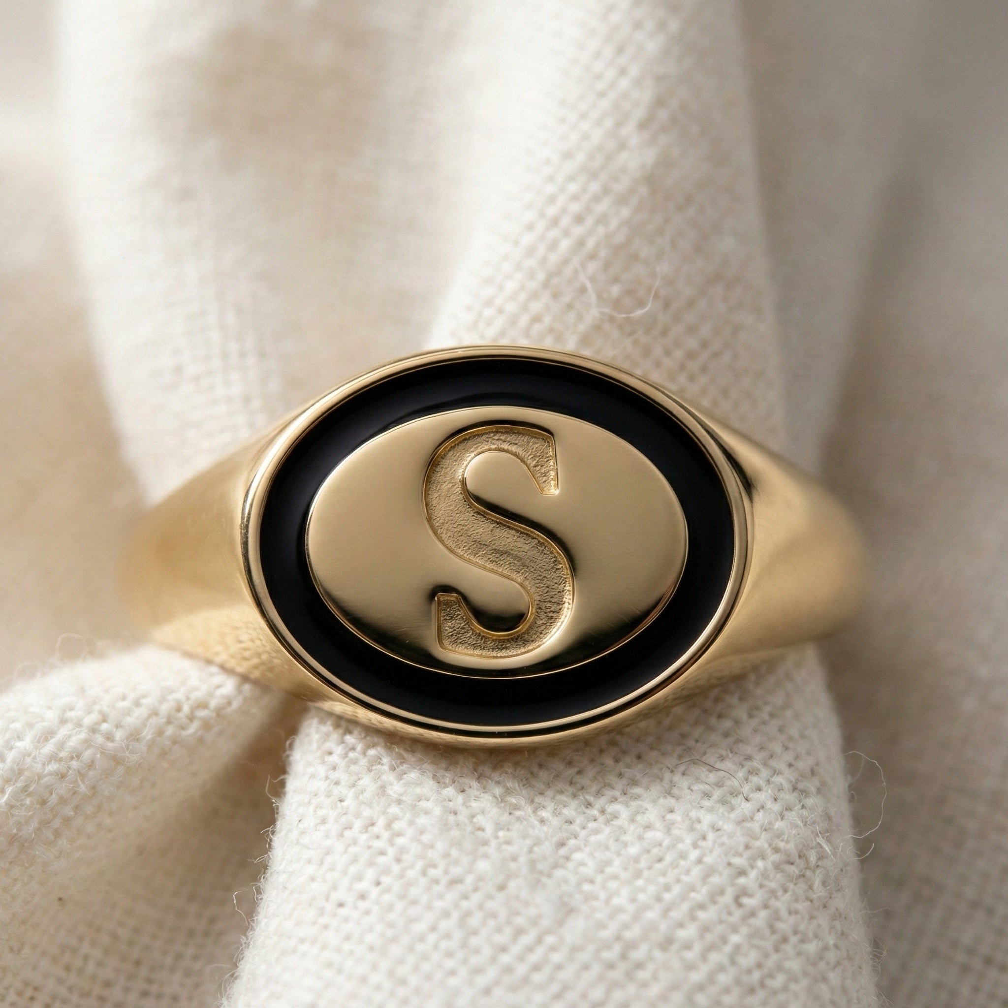 Personalized Initial Alphabet Engagement Ring in 14K Solid Gold, Black Enamel Oval Signet Ring, Custom Letter Ring, Statement Jewelry Gift