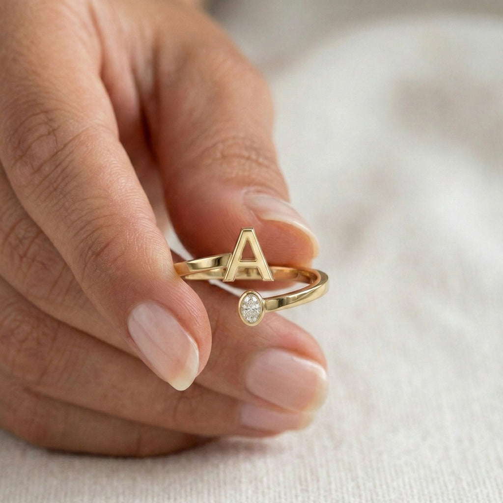 Trending Oval Cut Diamond and Initial Open Ring in 14K Solid Gold, Personalized Dainty Gold Cuff Ring, Custom Letter Bypass Jewelry, Gift for Her