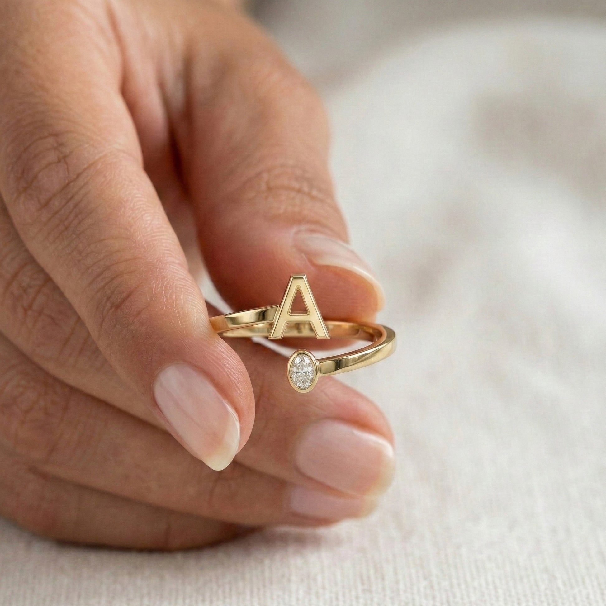 Trending Oval Cut Diamond and Initial Open Ring in 14K Solid Gold, Personalized Dainty Gold Cuff Ring, Custom Letter Bypass Jewelry, Gift for Her