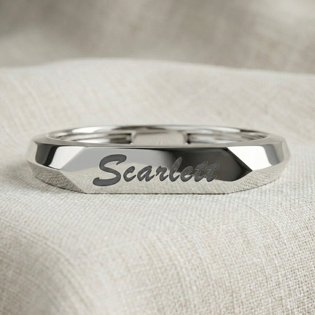 Personalized Knife Edge Name Engraved Wedding Band in 14k Solid Gold, Birthday Gift for Her, Modern Customized Band, Minimal Engraved Ring