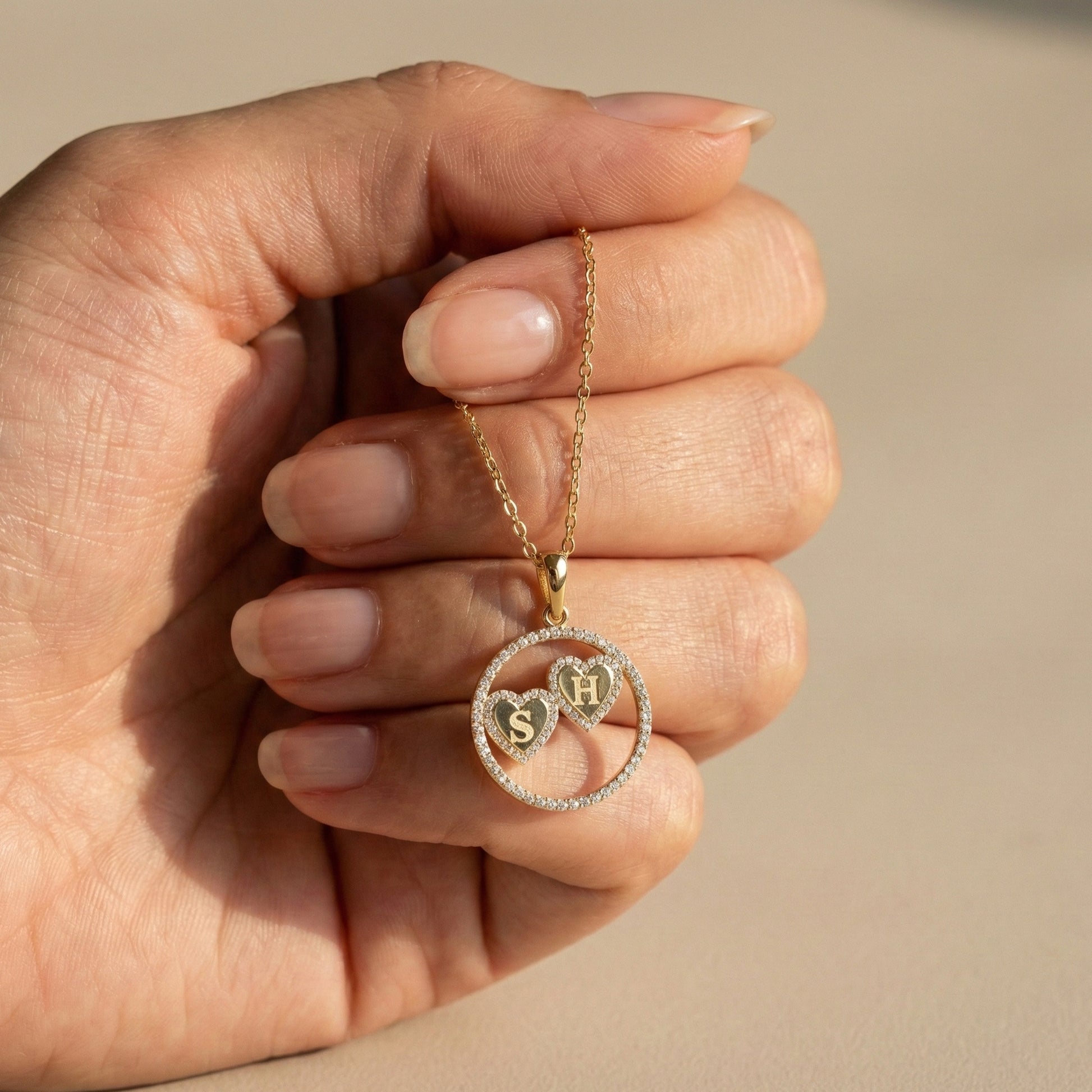 14K Solid Personalized Double Initial Signature Orbit Petite Heart Monogram Pendant, Duo Circle Custom Pendant, Romantic Gift for Wife