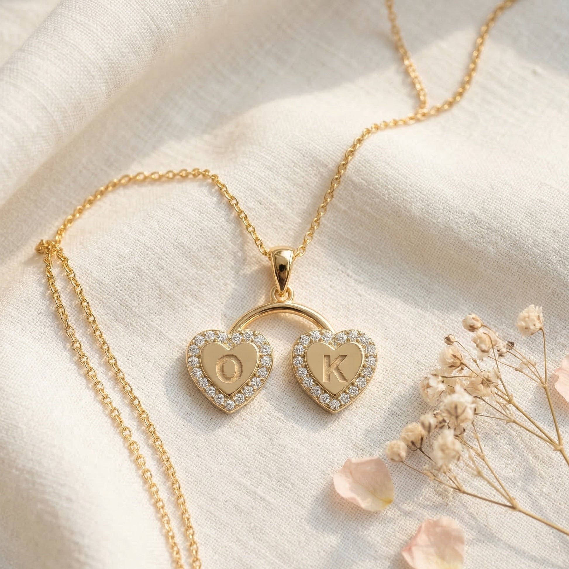 Personalized Halo Heart Monogram Pendant in 14K Solid Gold, Custom Double Initial Pendant, Gift for Her, Gold Linked Heart Pendant, Pavé Heart Jewelry, Unique Gift for Women