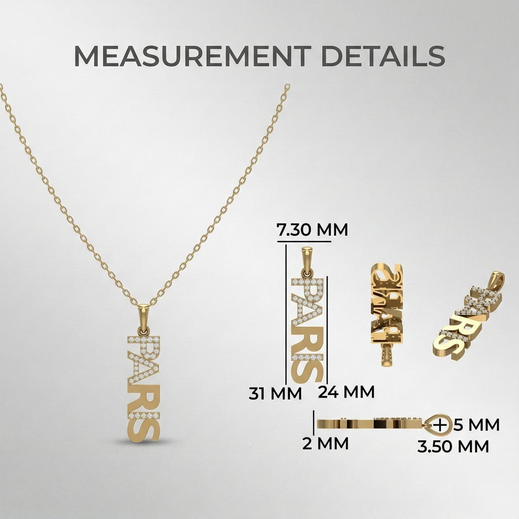 14K Solid Gold Custom Vertical Name Pendant with Diamonds, Personalized Pave Gold Fine Jewelry, Elegant Dainty Vertical Nameplate Pendant for Her
