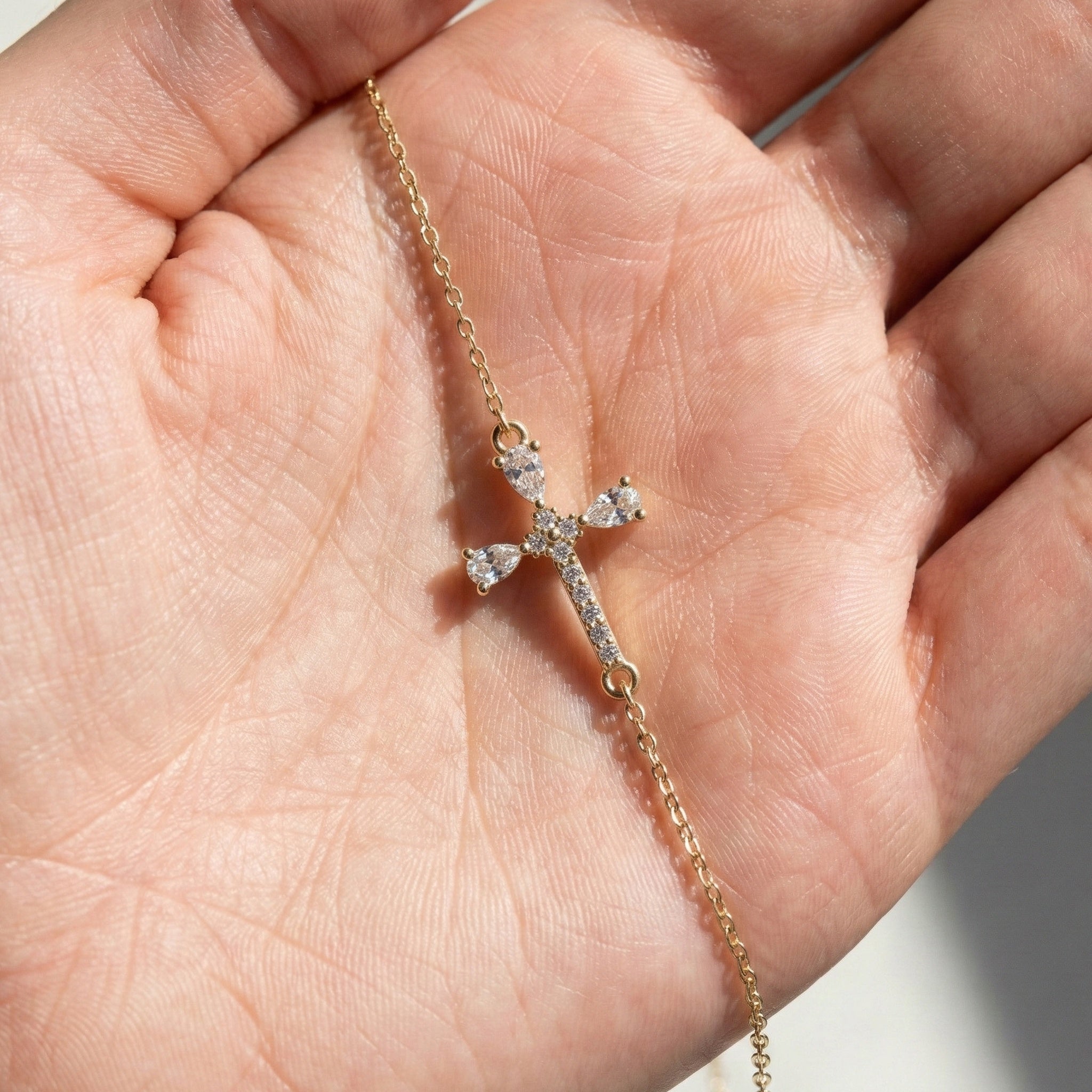 Modern Religious Cross Chain Bracelet with 14K Solid Gold, 0.75 TCW Pear Cut Lab Created Diamonds, Bridal Jewelry, Wedding Gift For Her