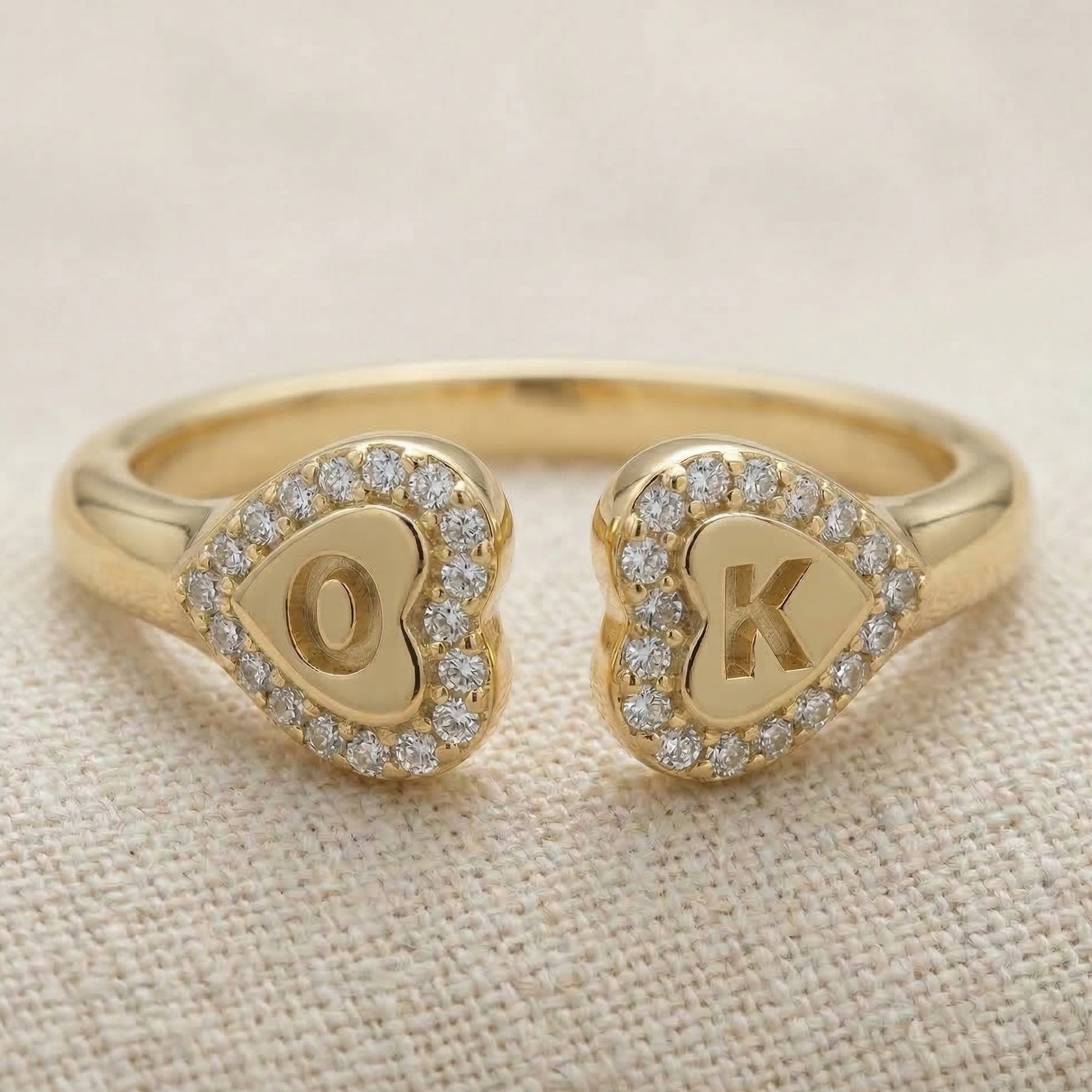 14K Solid Gold Personalized Heart Halo Initial Engagement Ring, Custom Two Letter Open Cuff Ring, Romantic Gift for Her, Diamond Initial Jewelry