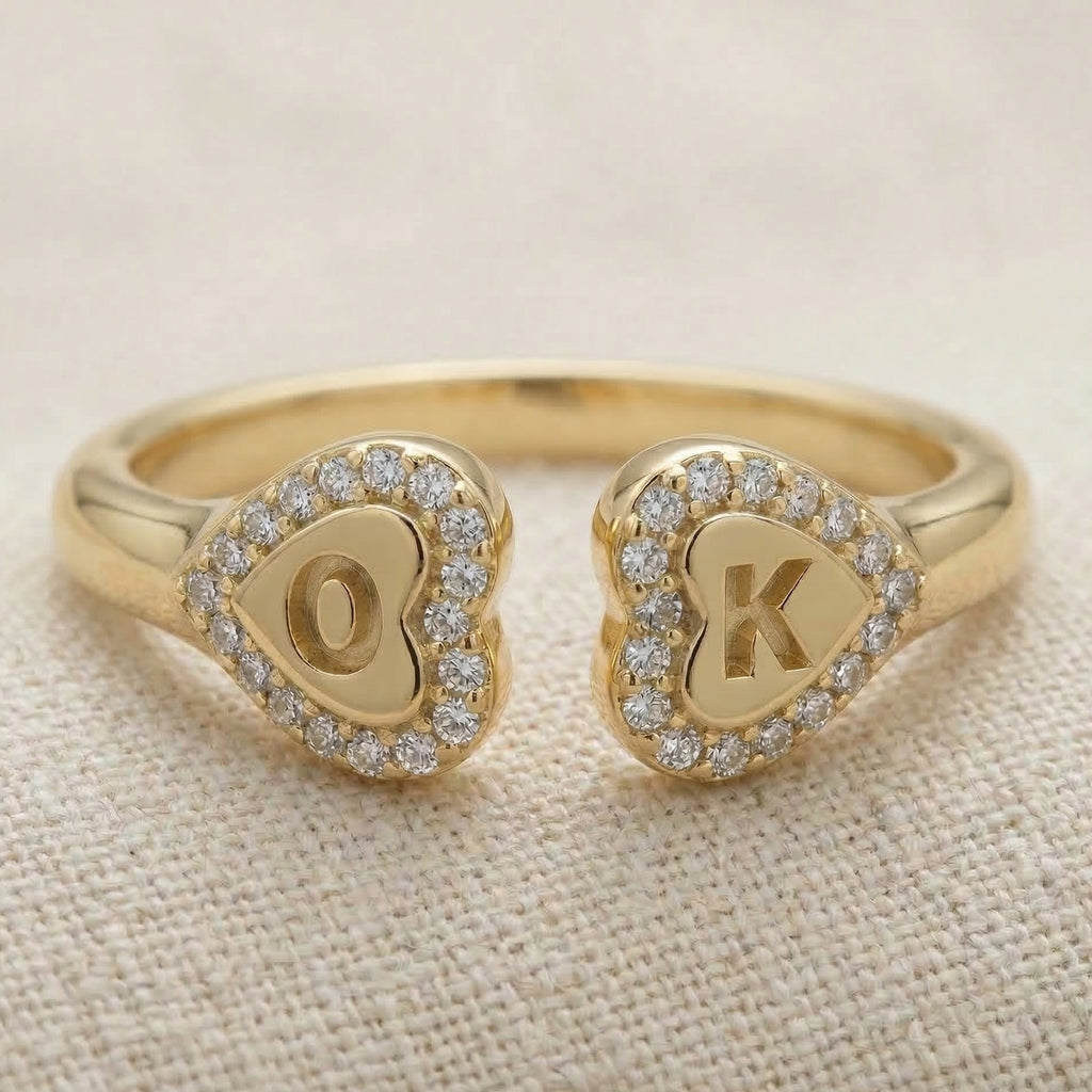 14K Solid Gold Personalized Heart Halo Initial Engagement Ring, Custom Two Letter Open Cuff Ring, Romantic Gift for Her, Diamond Initial Jewelry