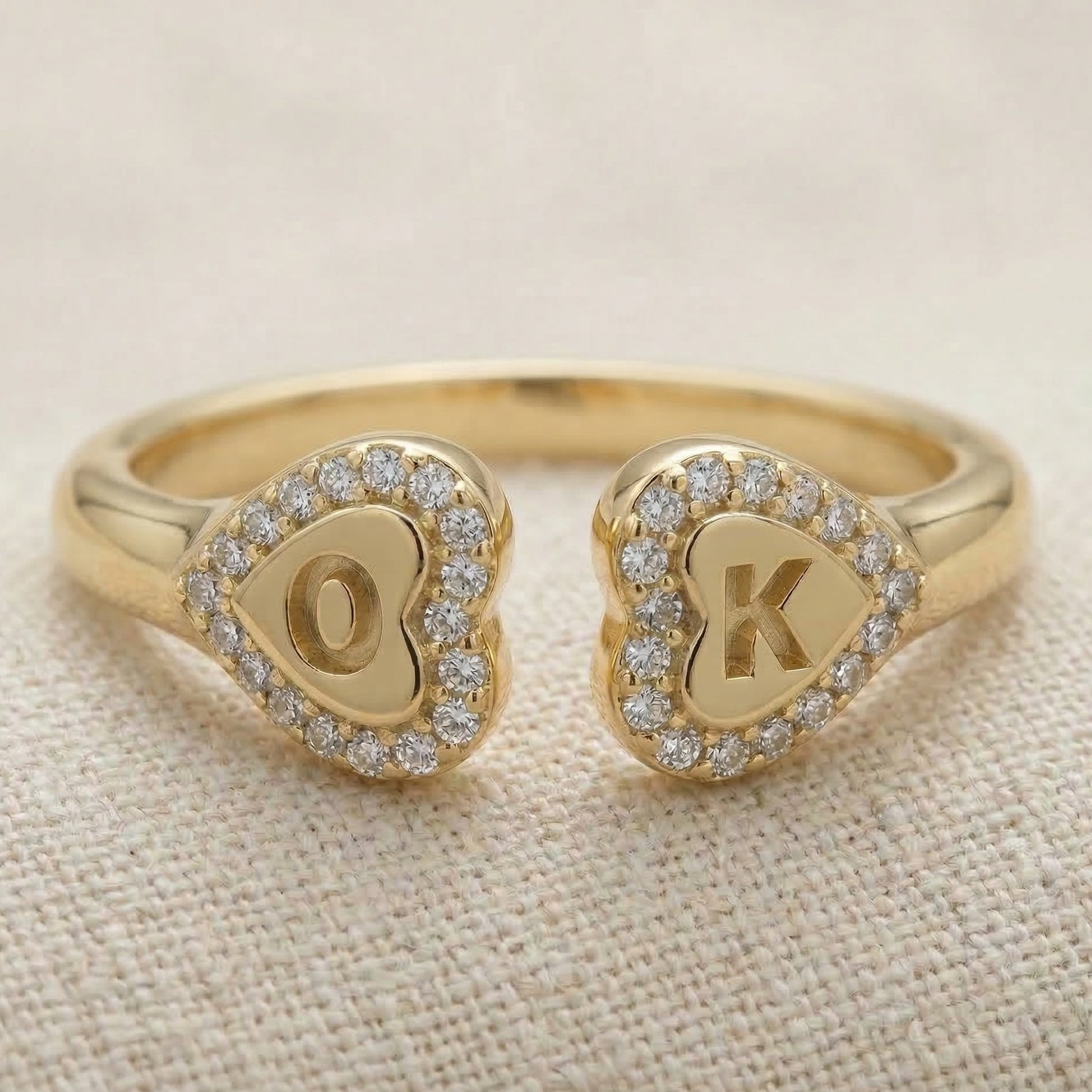 14K Solid Gold Personalized Heart Halo Initial Engagement Ring, Custom Two Letter Open Cuff Ring, Romantic Gift for Her, Diamond Initial Jewelry