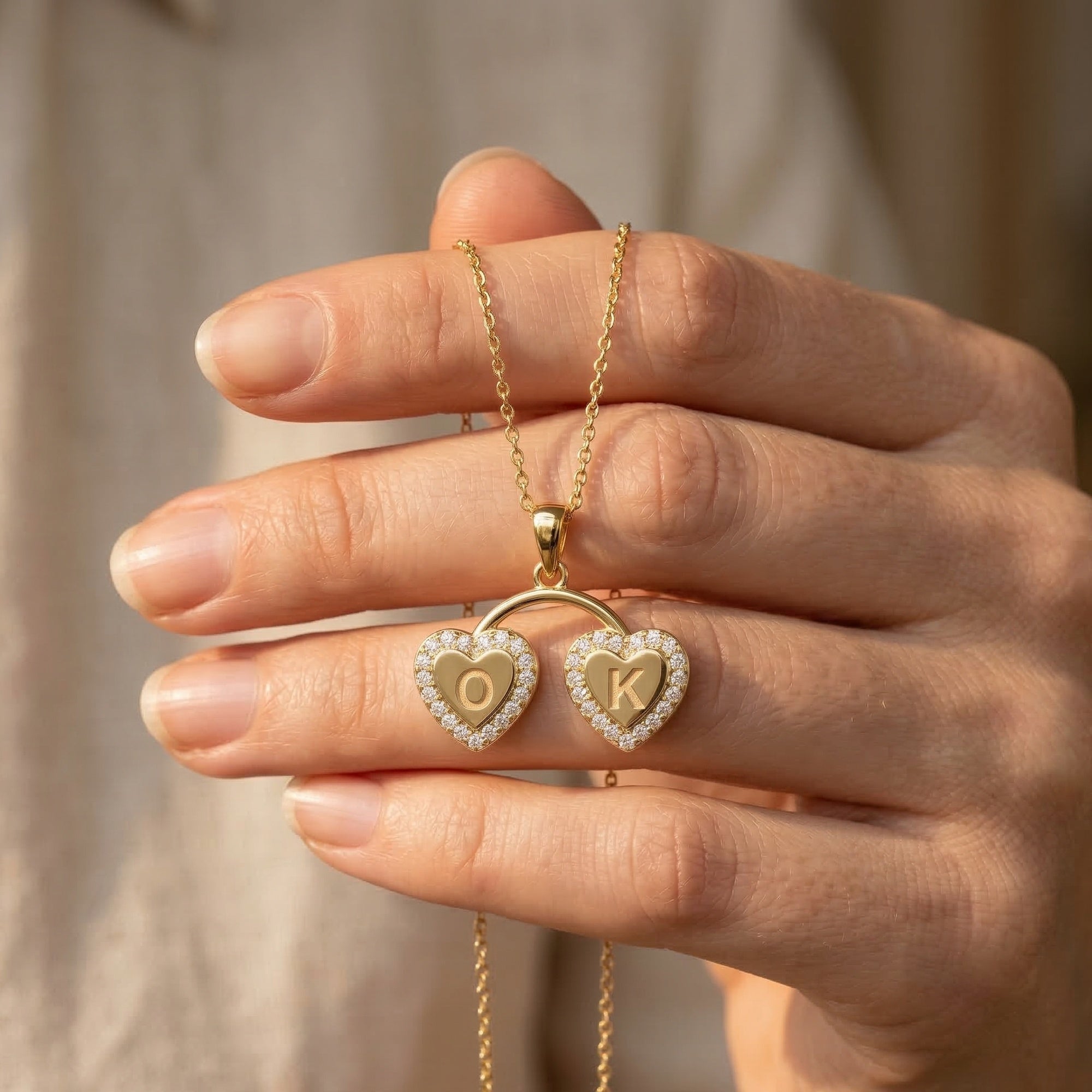 Personalized Halo Heart Monogram Pendant in 14K Solid Gold, Custom Double Initial Pendant, Gift for Her, Gold Linked Heart Pendant, Pavé Heart Jewelry, Unique Gift for Women