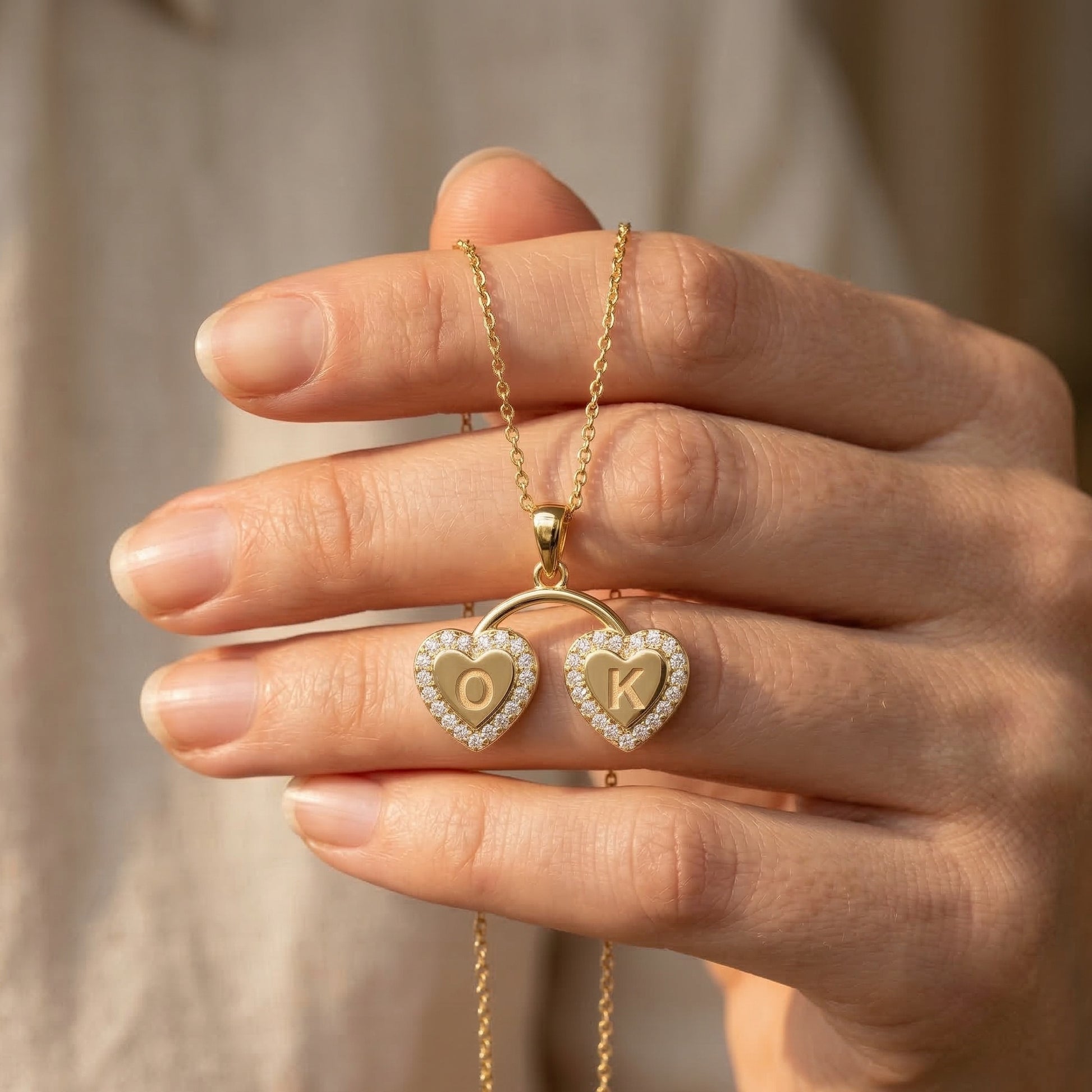 Personalized Halo Heart Monogram Pendant in 14K Solid Gold, Custom Double Initial Pendant, Gift for Her, Gold Linked Heart Pendant, Pavé Heart Jewelry, Unique Gift for Women