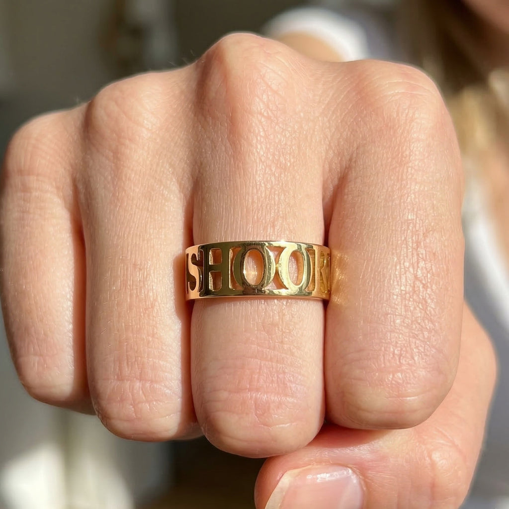 14k Solid Gold Modern Personalized Name Custom Wedding Band, Wide Statement Band, Custom Word Jewelry, Birthday Gift for Her/Him, Daily Wear Jewelry