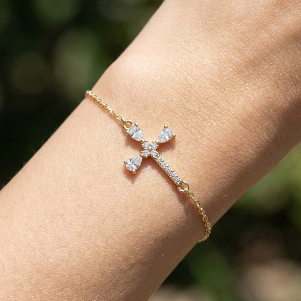 Modern Religious Cross Chain Bracelet with 14K Solid Gold, 0.75 TCW Pear Cut Lab Created Diamonds, Bridal Jewelry, Wedding Gift For Her