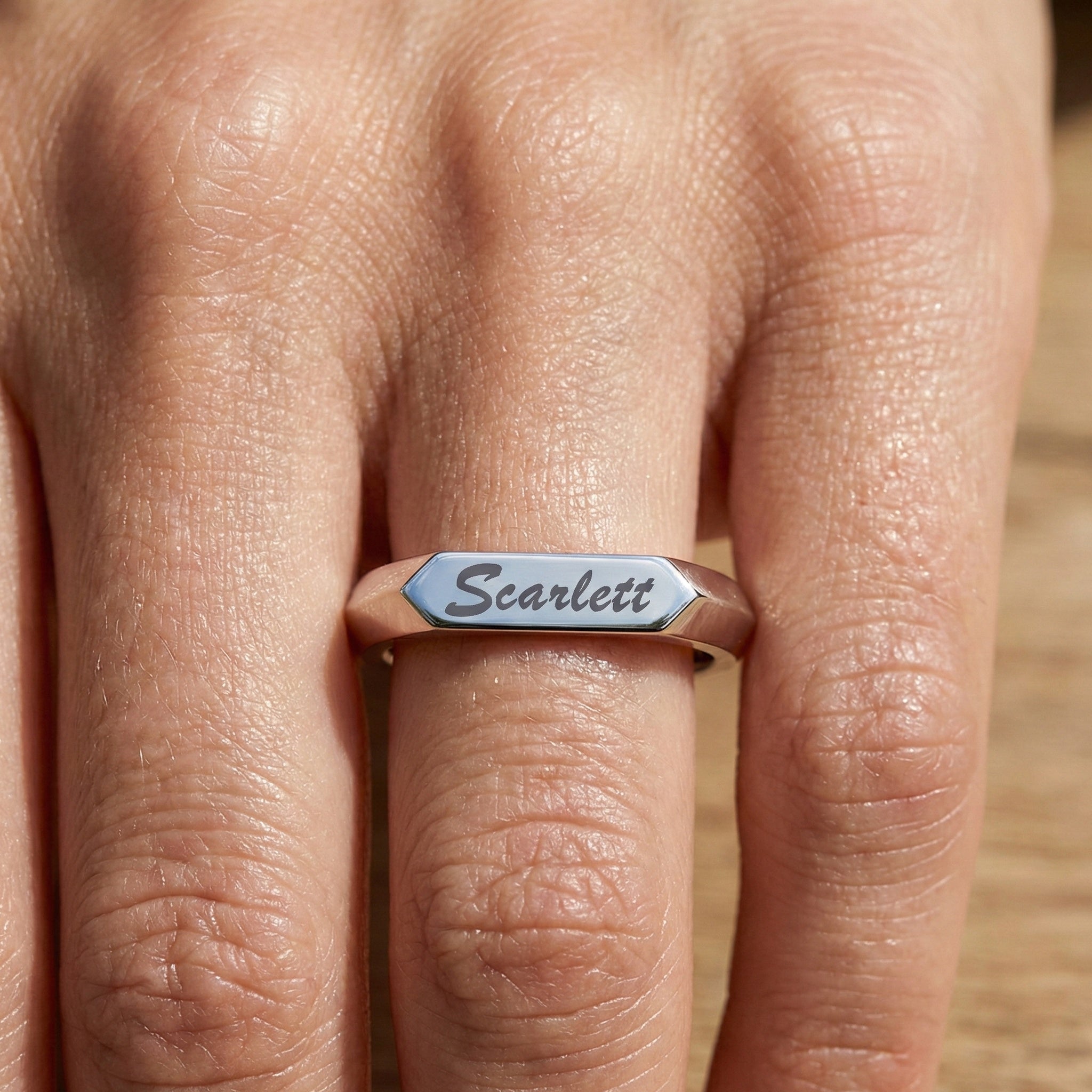 Personalized Knife Edge Name Engraved Wedding Band in 14k Solid Gold, Birthday Gift for Her, Modern Customized Band, Minimal Engraved Ring