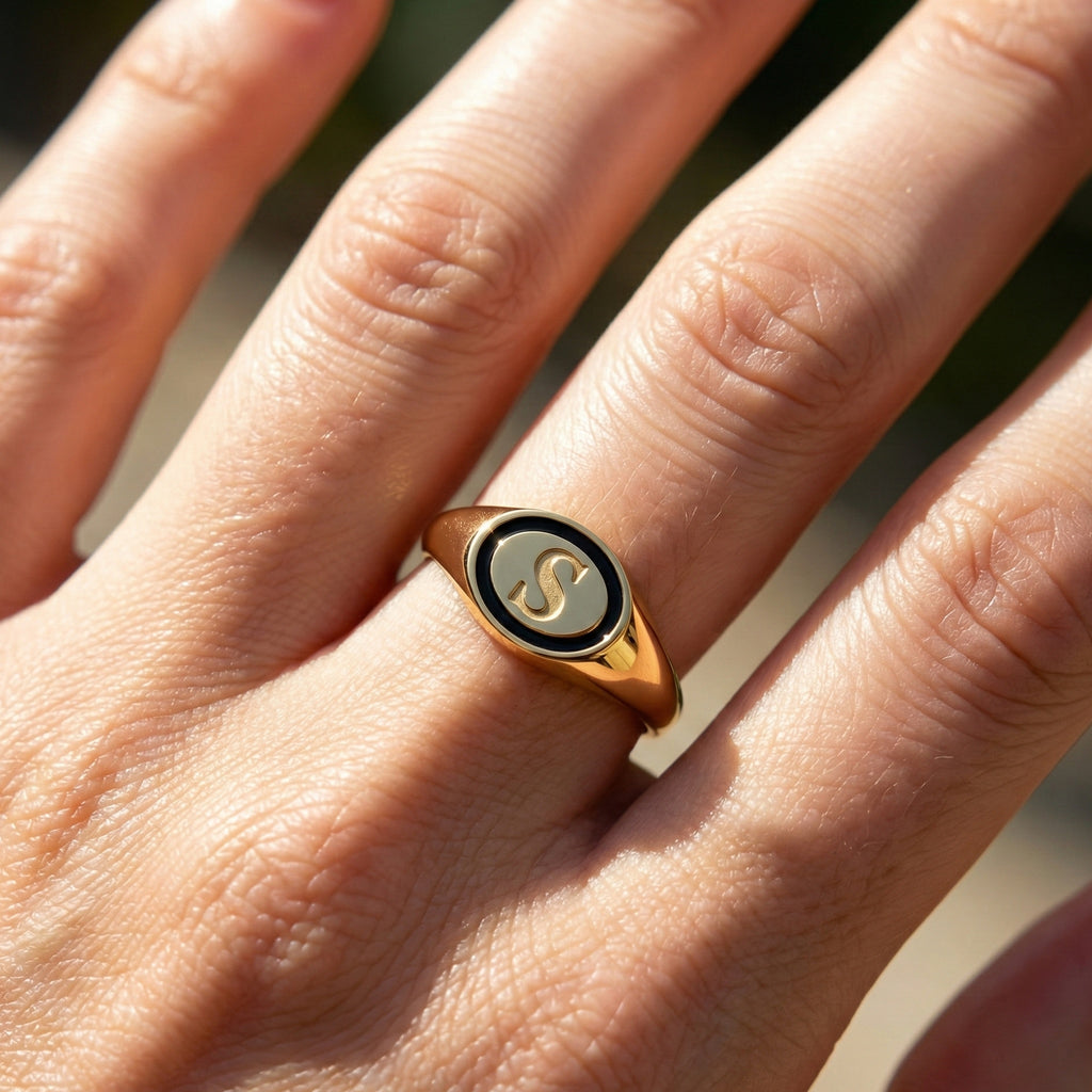 Personalized Initial Alphabet Engagement Ring in 14K Solid Gold, Black Enamel Oval Signet Ring, Custom Letter Ring, Statement Jewelry Gift