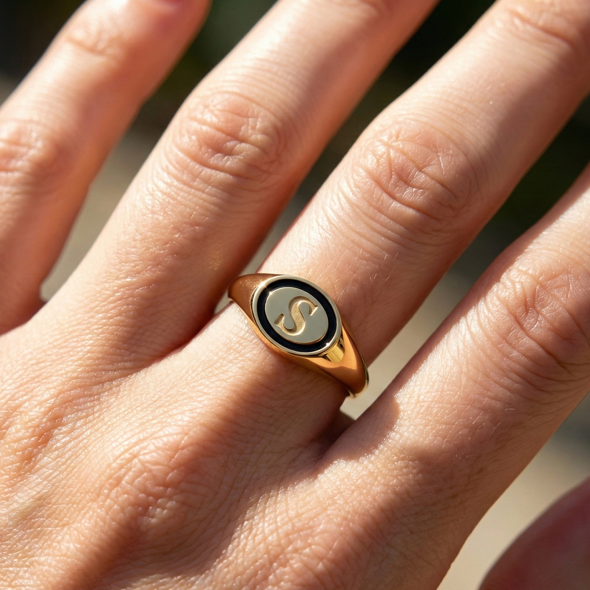 Personalized Initial Alphabet Engagement Ring in 14K Solid Gold, Black Enamel Oval Signet Ring, Custom Letter Ring, Statement Jewelry Gift