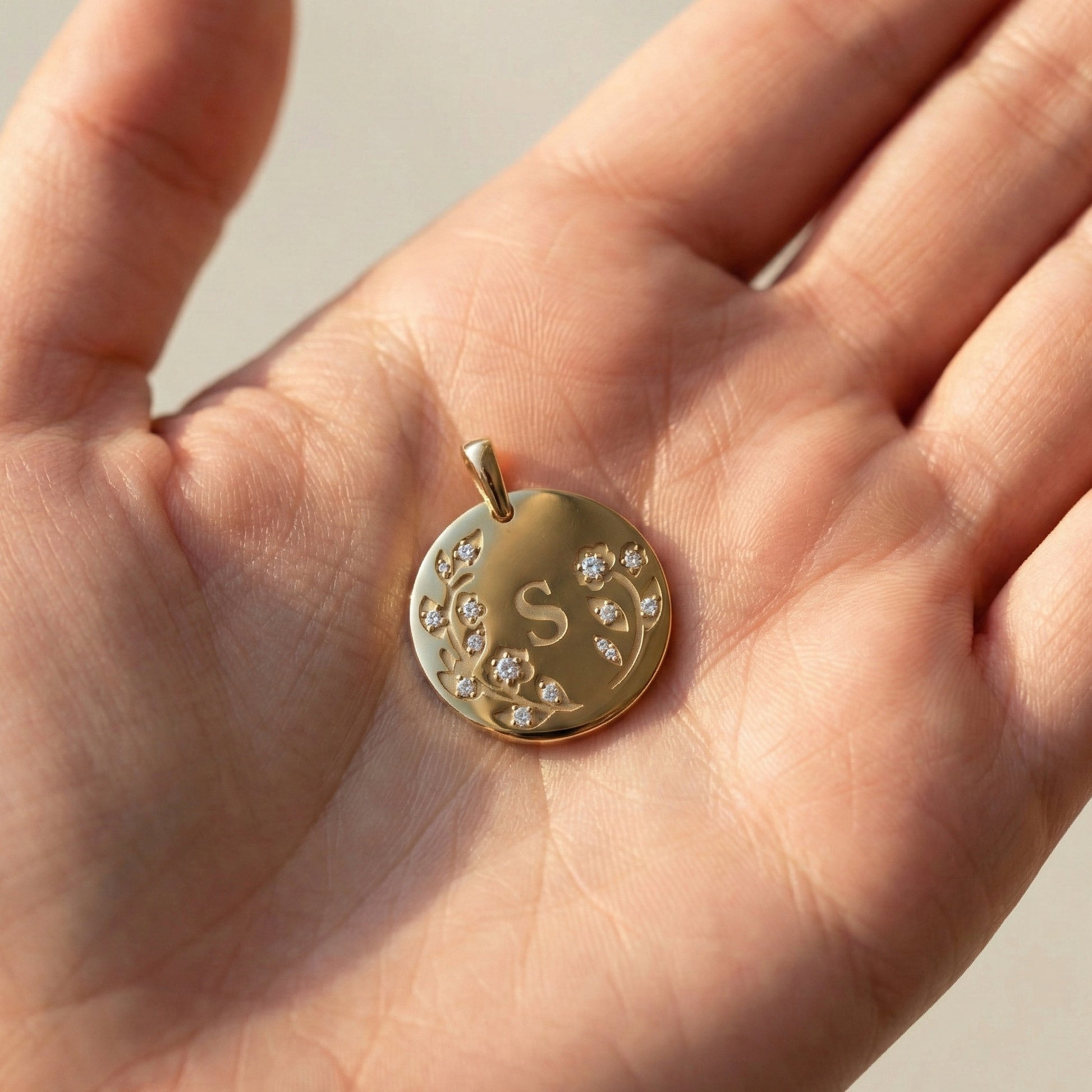 Botanical Initial Diamond Disc Pendant in 14K Solid Gold, Personalized Gold Coin Charm, Floral Letter Pendant, Custom Monogram Jewelry, Gift for Her