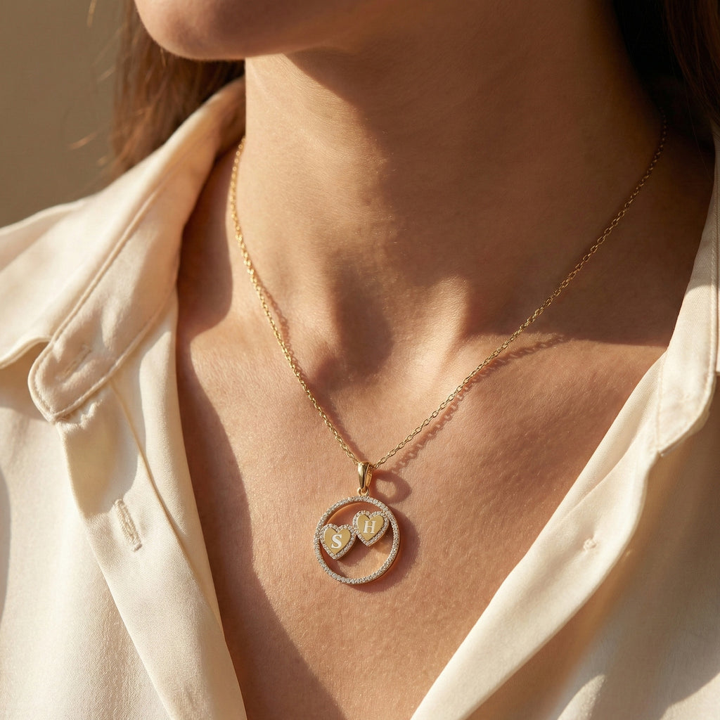 14K Solid Personalized Double Initial Signature Orbit Petite Heart Monogram Pendant, Duo Circle Custom Pendant, Romantic Gift for Wife