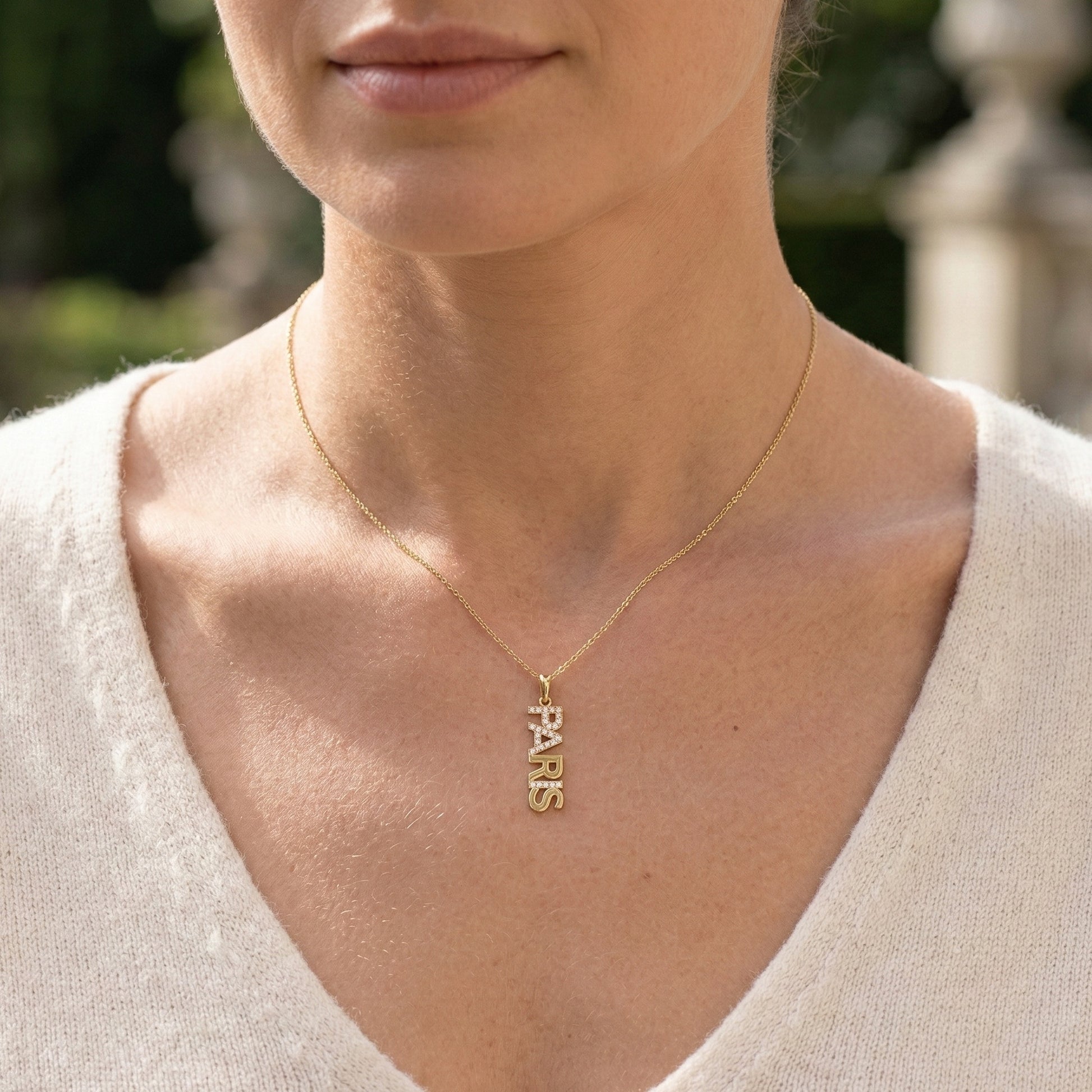 14K Solid Gold Custom Vertical Name Pendant with Diamonds, Personalized Pave Gold Fine Jewelry, Elegant Dainty Vertical Nameplate Pendant for Her