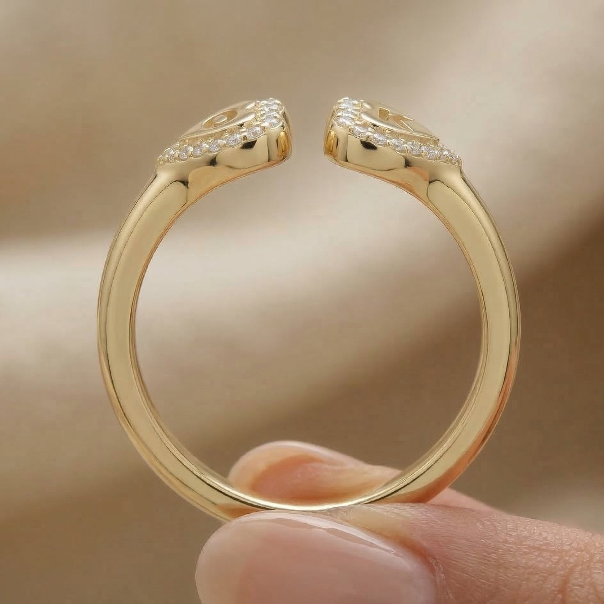 14K Solid Gold Personalized Heart Halo Initial Engagement Ring, Custom Two Letter Open Cuff Ring, Romantic Gift for Her, Diamond Initial Jewelry