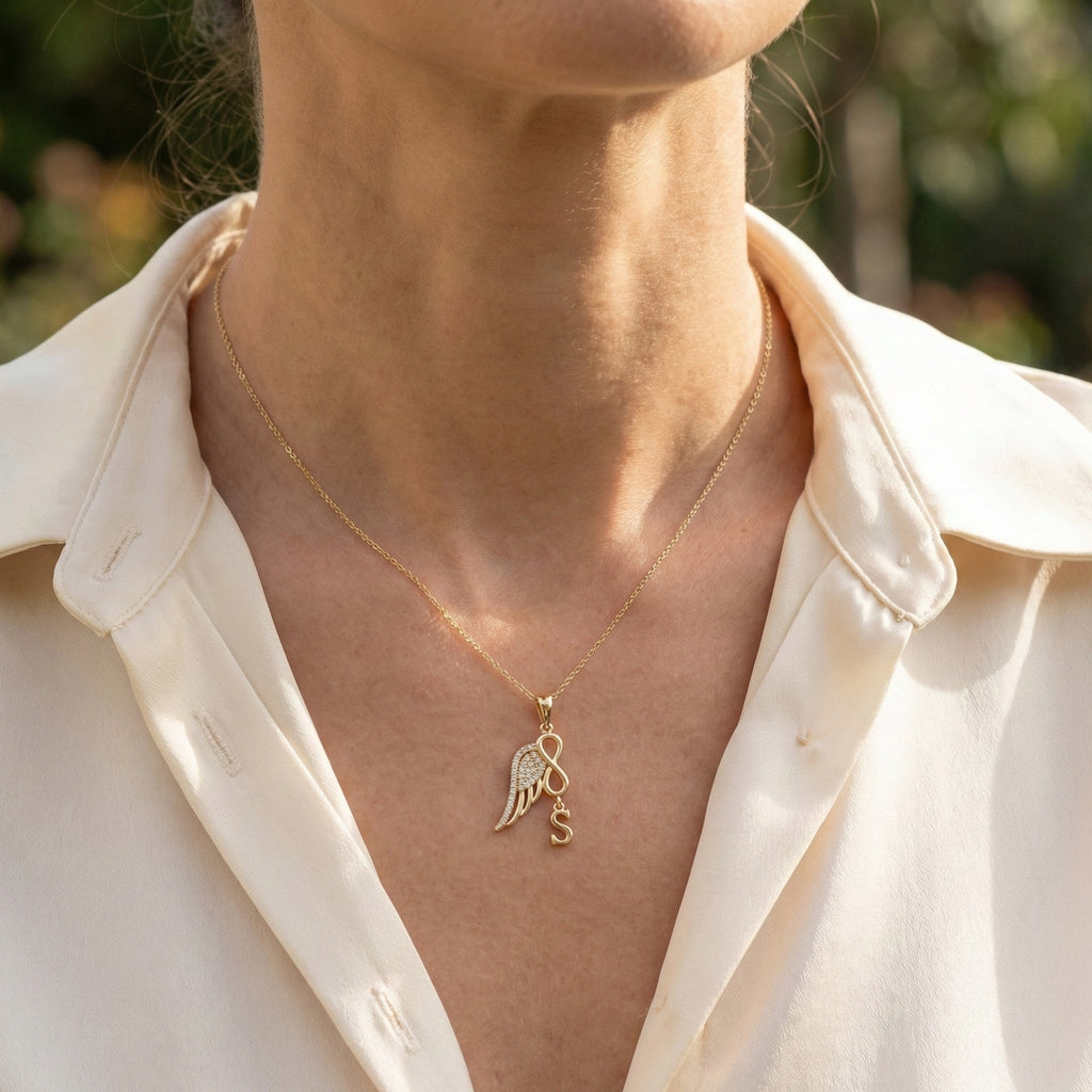 Modern Drop Initial Personalized Diamond Everyday Pendant, Angel Wing Infinity Pendant, Custom Memorial Gift for Her, Anniversary Jewelry