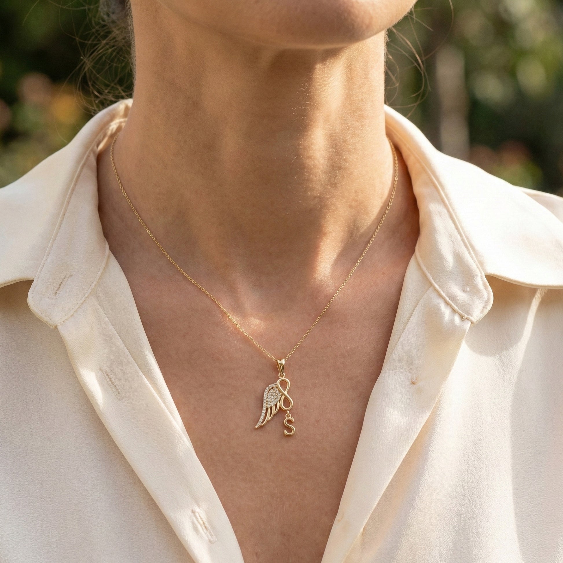 Modern Drop Initial Personalized Diamond Everyday Pendant, Angel Wing Infinity Pendant, Custom Memorial Gift for Her, Anniversary Jewelry