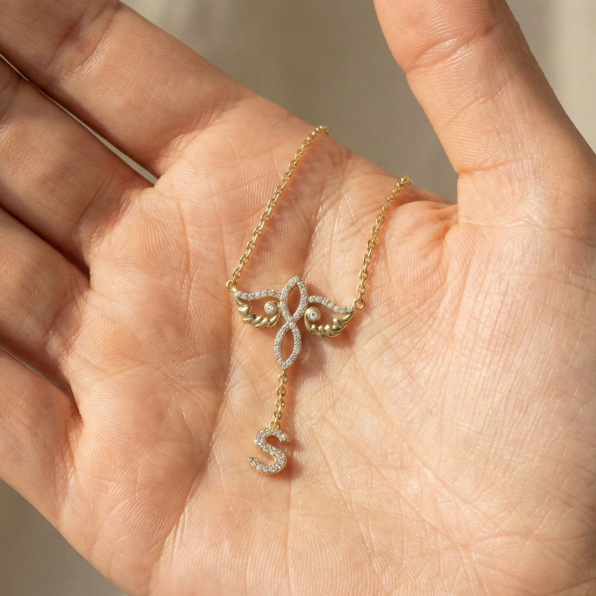 Personalized Infinity Angel Wing Initial Drop Pendant Necklace in Lab Diamond – 14K Solid Gold, Wedding Gift for Her, Modern Bridal Jewelry, Daily Wear