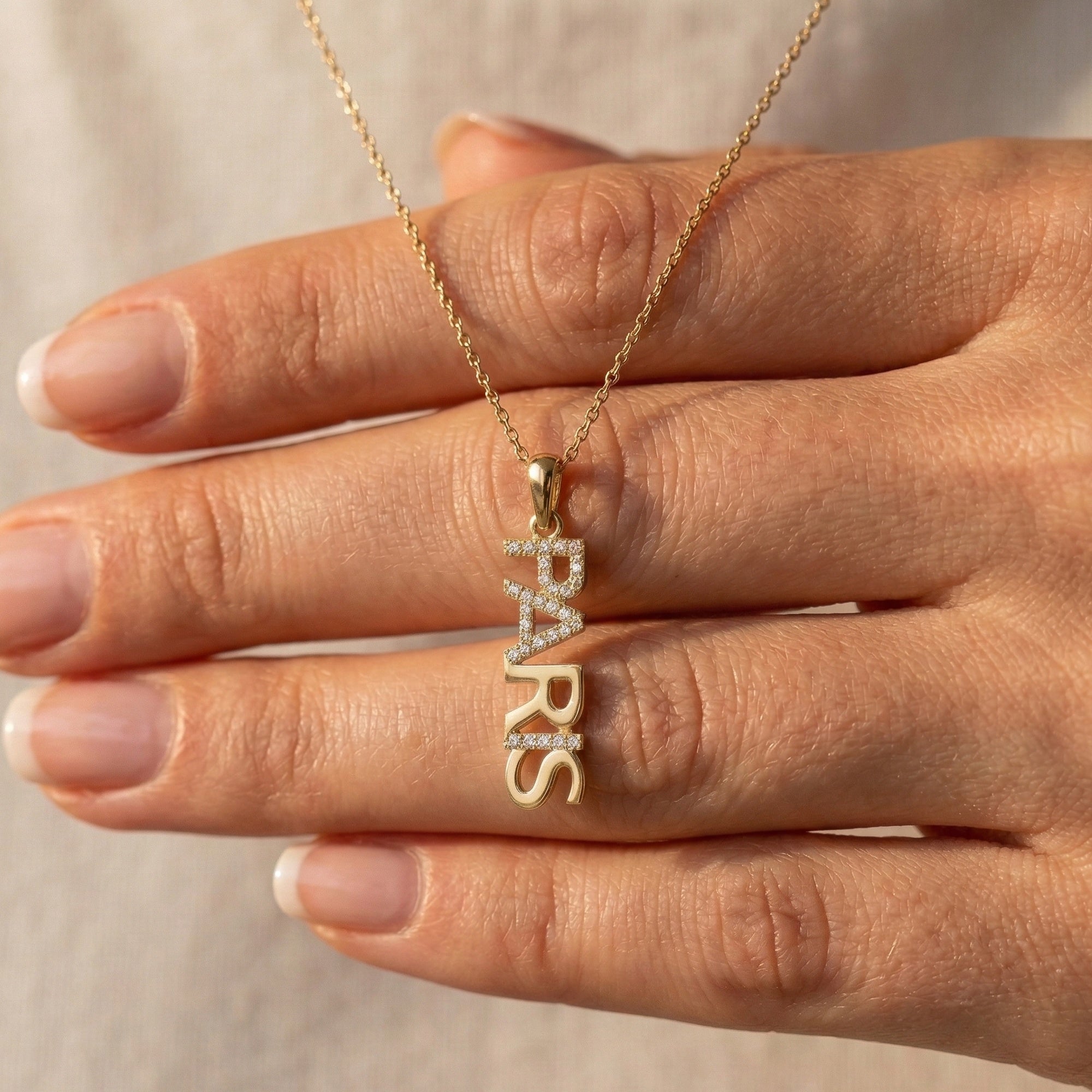 14K Solid Gold Custom Vertical Name Pendant with Diamonds, Personalized Pave Gold Fine Jewelry, Elegant Dainty Vertical Nameplate Pendant for Her