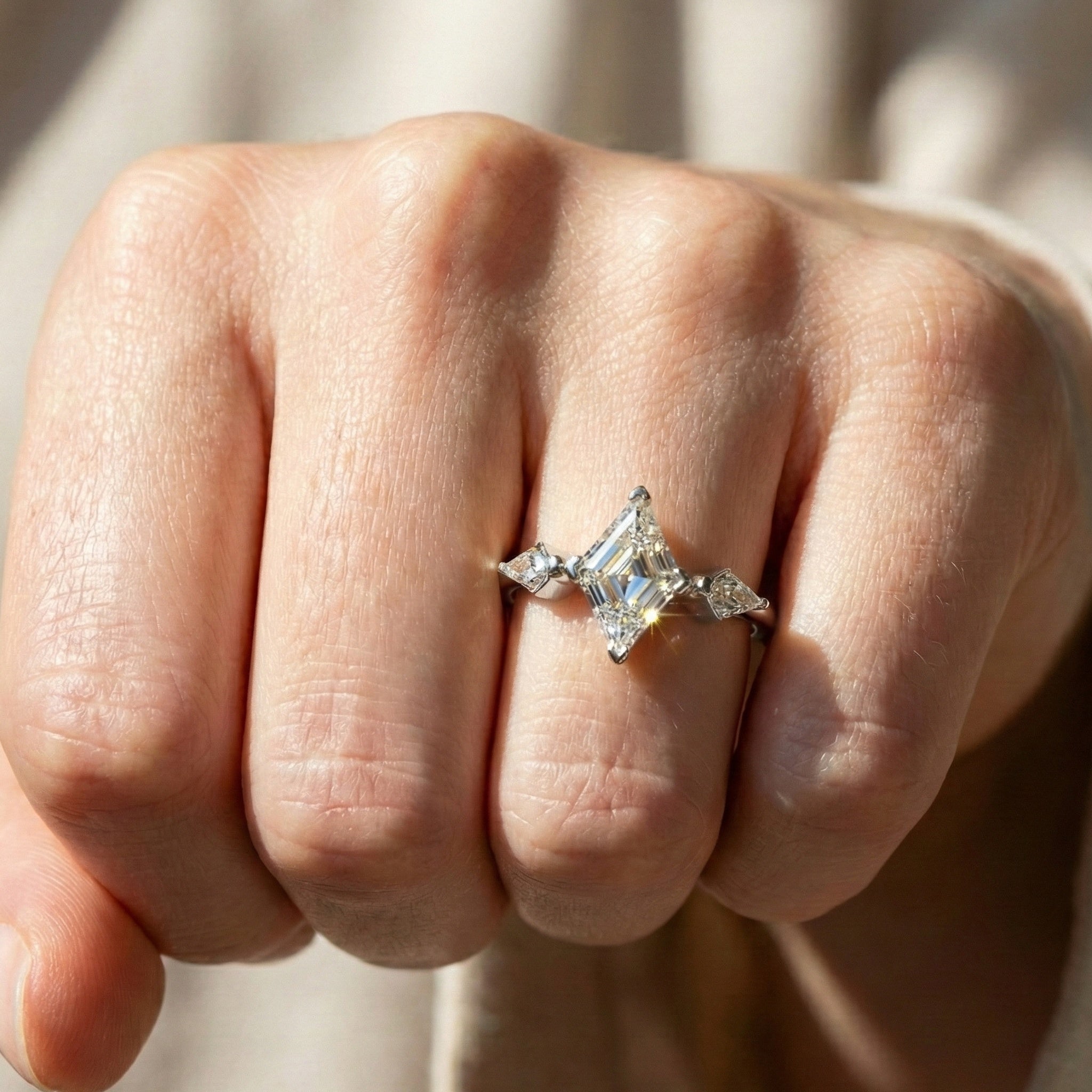1.00 CT Lozenge Cut Three Stone Engagement Ring, Modern Trilogy Ring, Unique Geometric Bridal Jewelry, Anniversary Gift for Wife