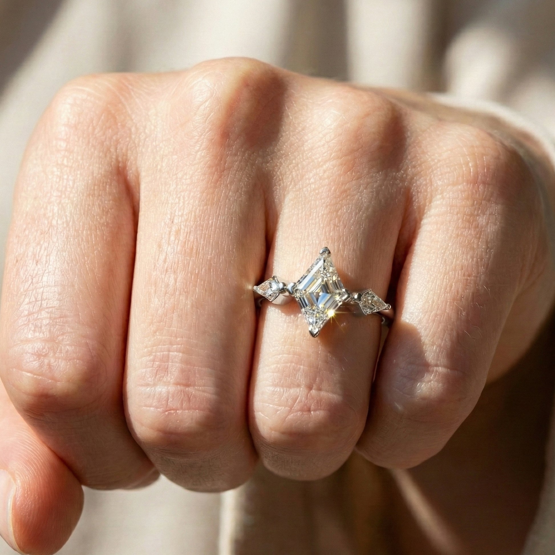 1.00 CT Lozenge Cut Three Stone Engagement Ring, Modern Trilogy Ring, Unique Geometric Bridal Jewelry, Anniversary Gift for Wife