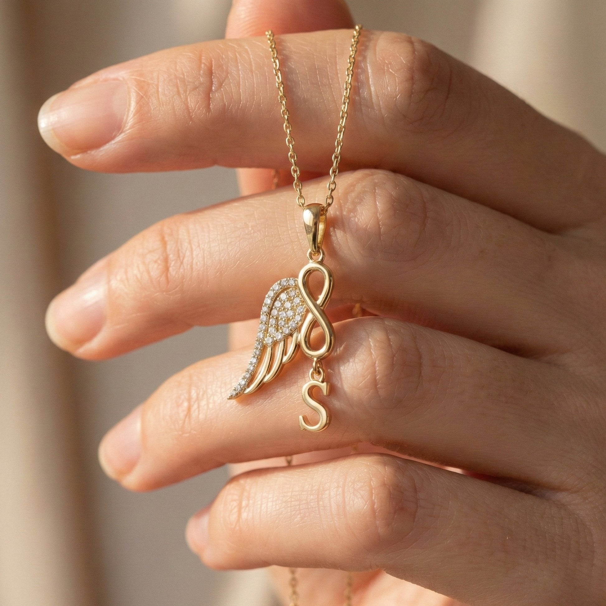 Modern Drop Initial Personalized Diamond Everyday Pendant, Angel Wing Infinity Pendant, Custom Memorial Gift for Her, Anniversary Jewelry