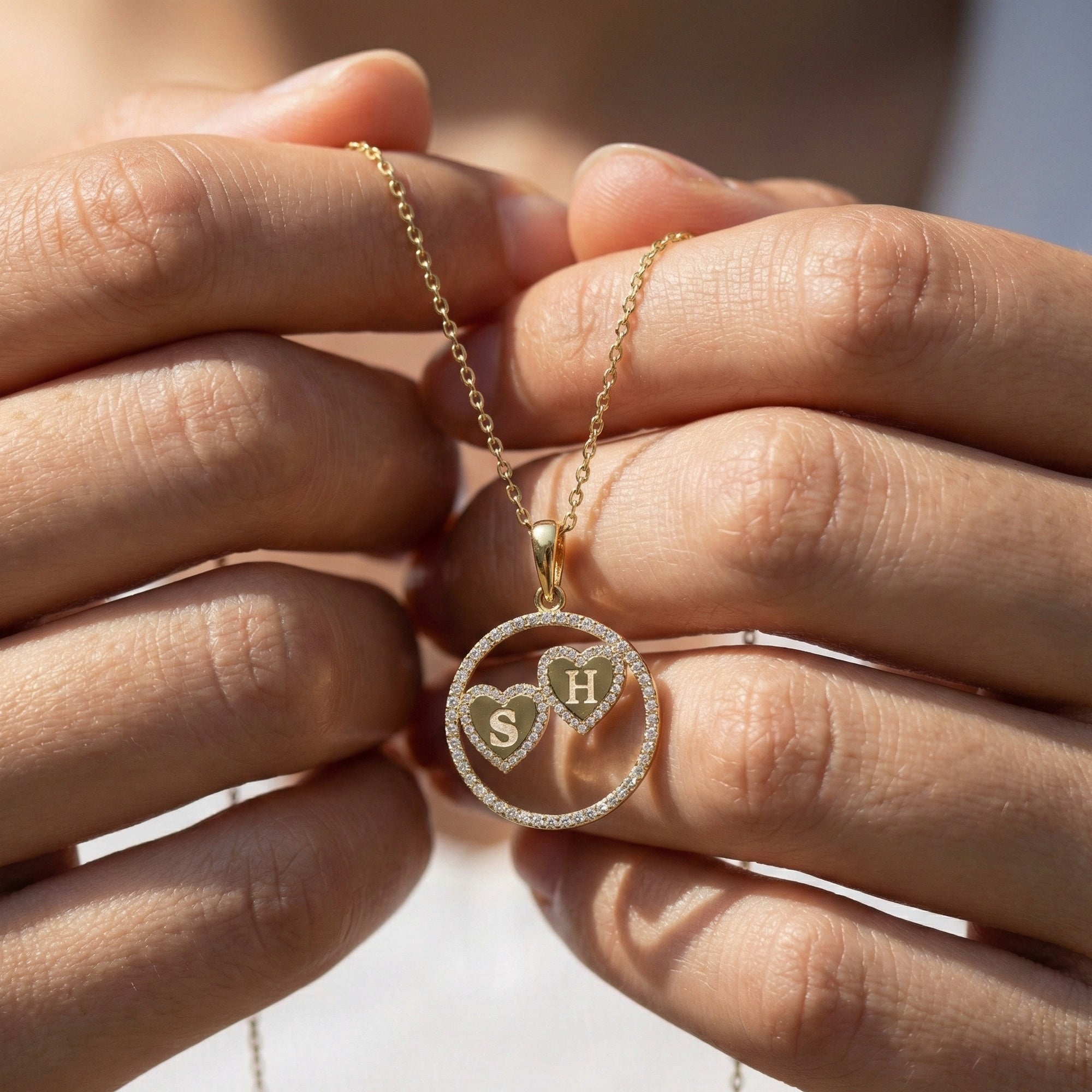 14K Solid Personalized Double Initial Signature Orbit Petite Heart Monogram Pendant, Duo Circle Custom Pendant, Romantic Gift for Wife