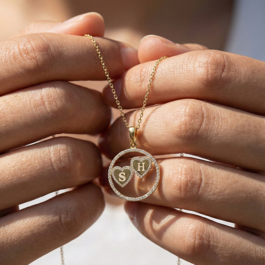 14K Solid Personalized Double Initial Signature Orbit Petite Heart Monogram Pendant, Duo Circle Custom Pendant, Romantic Gift for Wife