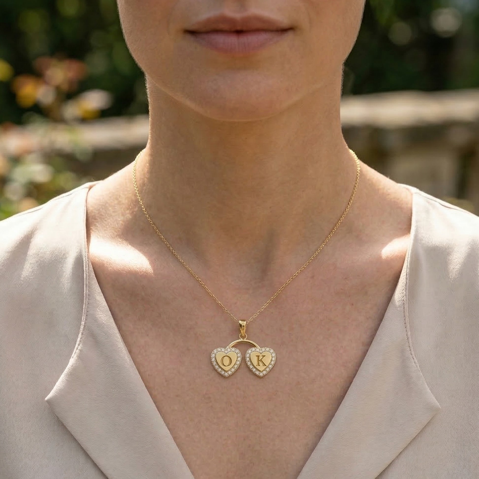Personalized Halo Heart Monogram Pendant in 14K Solid Gold, Custom Double Initial Pendant, Gift for Her, Gold Linked Heart Pendant, Pavé Heart Jewelry, Unique Gift for Women