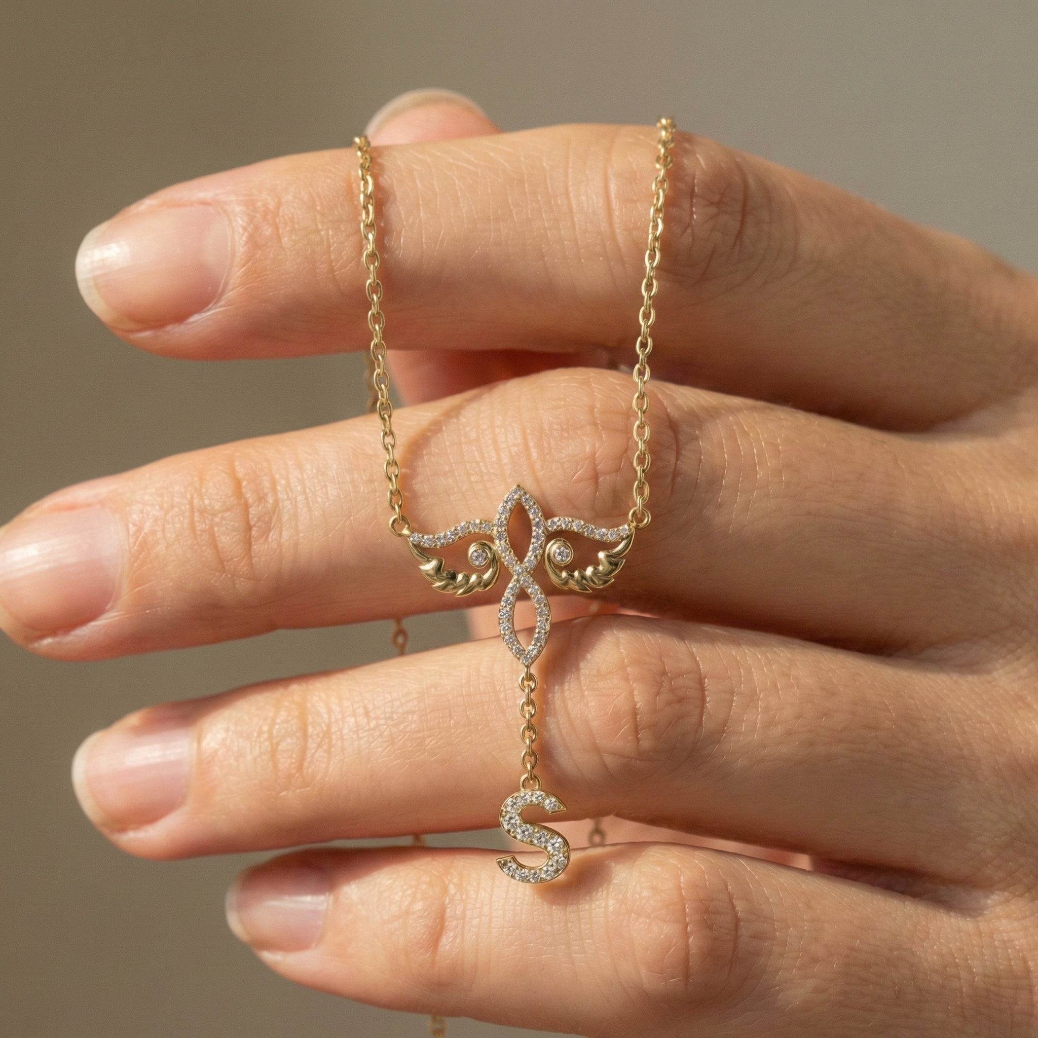 Personalized Infinity Angel Wing Initial Drop Pendant Necklace in Lab Diamond – 14K Solid Gold, Wedding Gift for Her, Modern Bridal Jewelry, Daily Wear