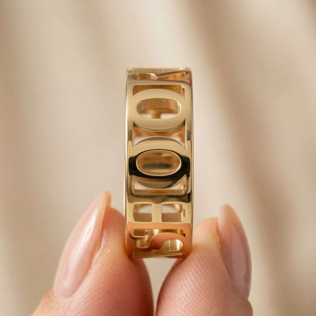 14k Solid Gold Modern Personalized Name Custom Wedding Band, Wide Statement Band, Custom Word Jewelry, Birthday Gift for Her/Him, Daily Wear Jewelry