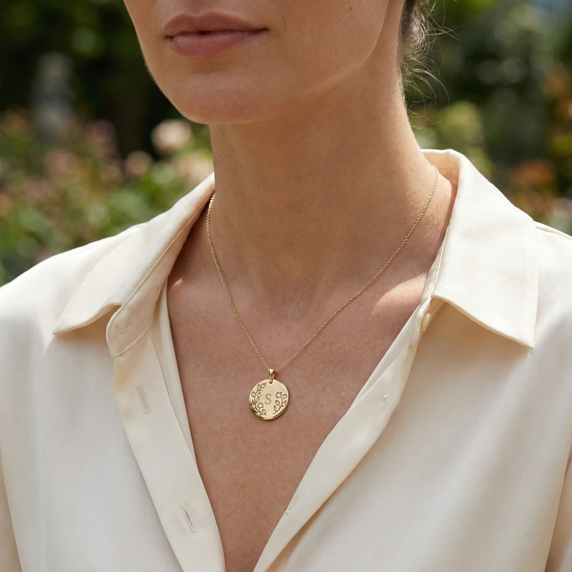 Botanical Initial Diamond Disc Pendant in 14K Solid Gold, Personalized Gold Coin Charm, Floral Letter Pendant, Custom Monogram Jewelry, Gift for Her