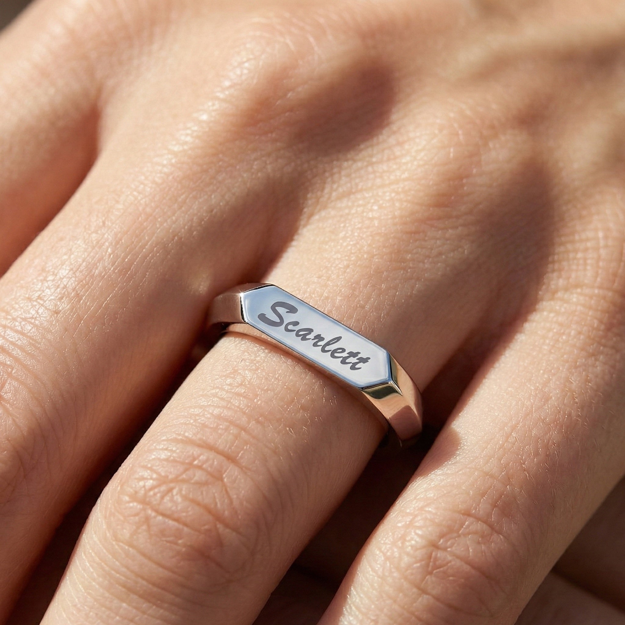 Personalized Knife Edge Name Engraved Wedding Band in 14k Solid Gold, Birthday Gift for Her, Modern Customized Band, Minimal Engraved Ring