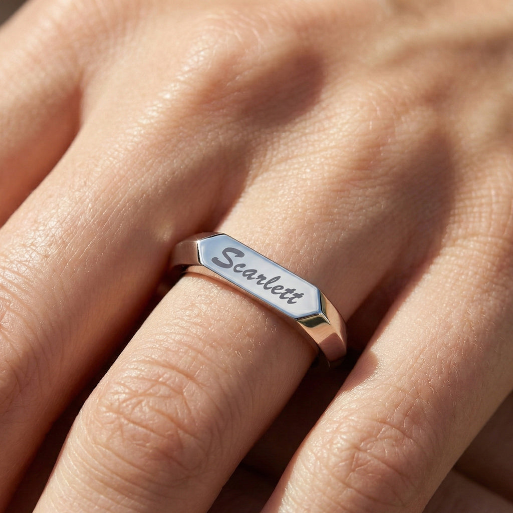 Personalized Knife Edge Name Engraved Wedding Band in 14k Solid Gold, Birthday Gift for Her, Modern Customized Band, Minimal Engraved Ring