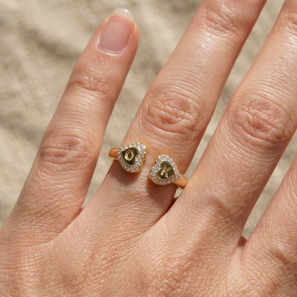 14K Solid Gold Personalized Heart Halo Initial Engagement Ring, Custom Two Letter Open Cuff Ring, Romantic Gift for Her, Diamond Initial Jewelry