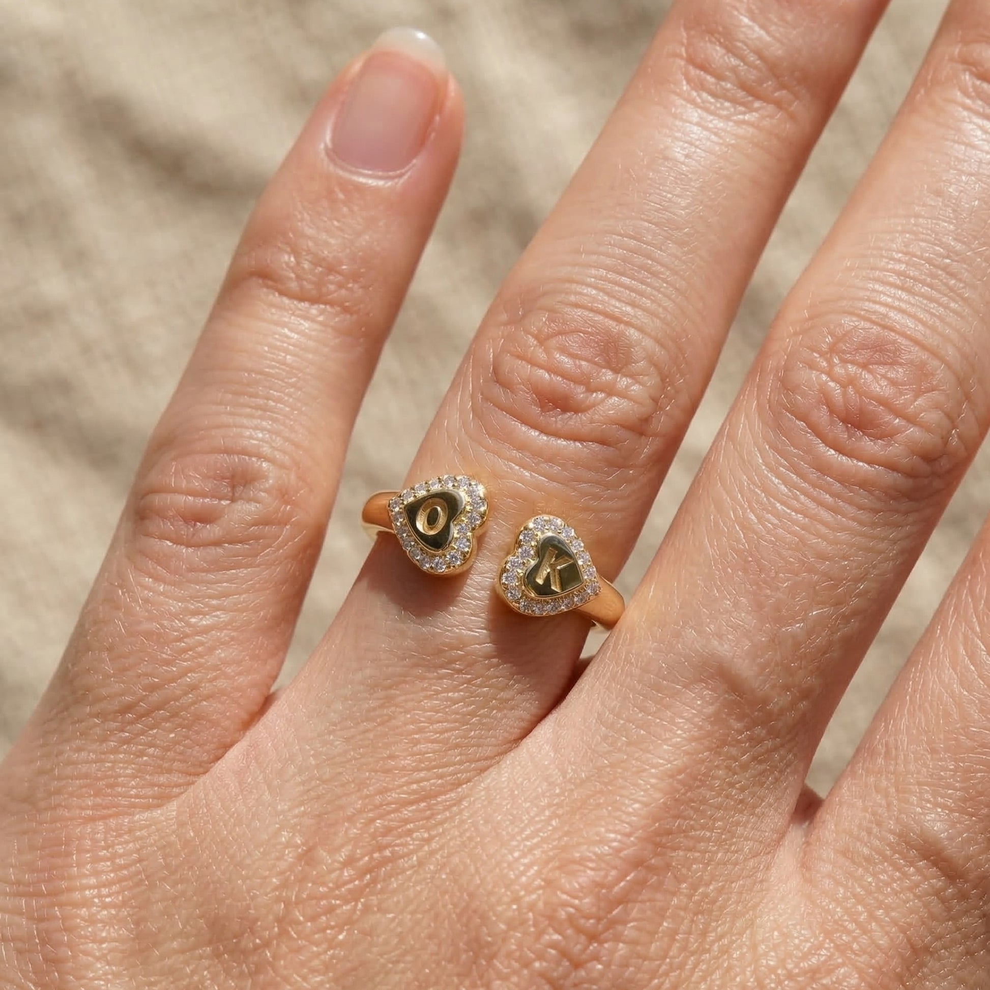 14K Solid Gold Personalized Heart Halo Initial Engagement Ring, Custom Two Letter Open Cuff Ring, Romantic Gift for Her, Diamond Initial Jewelry