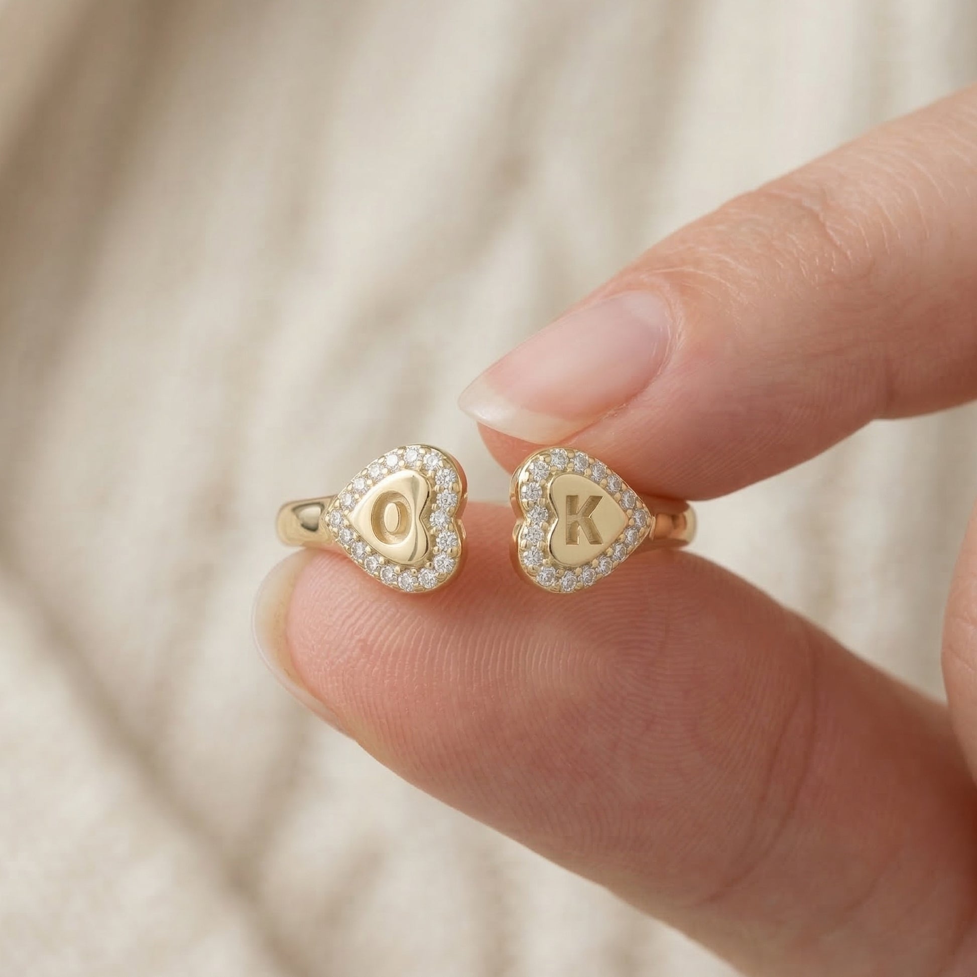 14K Solid Gold Personalized Heart Halo Initial Engagement Ring, Custom Two Letter Open Cuff Ring, Romantic Gift for Her, Diamond Initial Jewelry