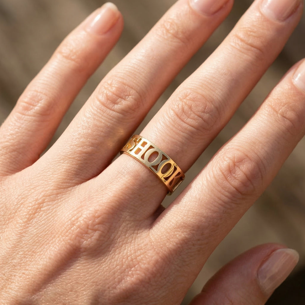 14k Solid Gold Modern Personalized Name Custom Wedding Band, Wide Statement Band, Custom Word Jewelry, Birthday Gift for Her/Him, Daily Wear Jewelry