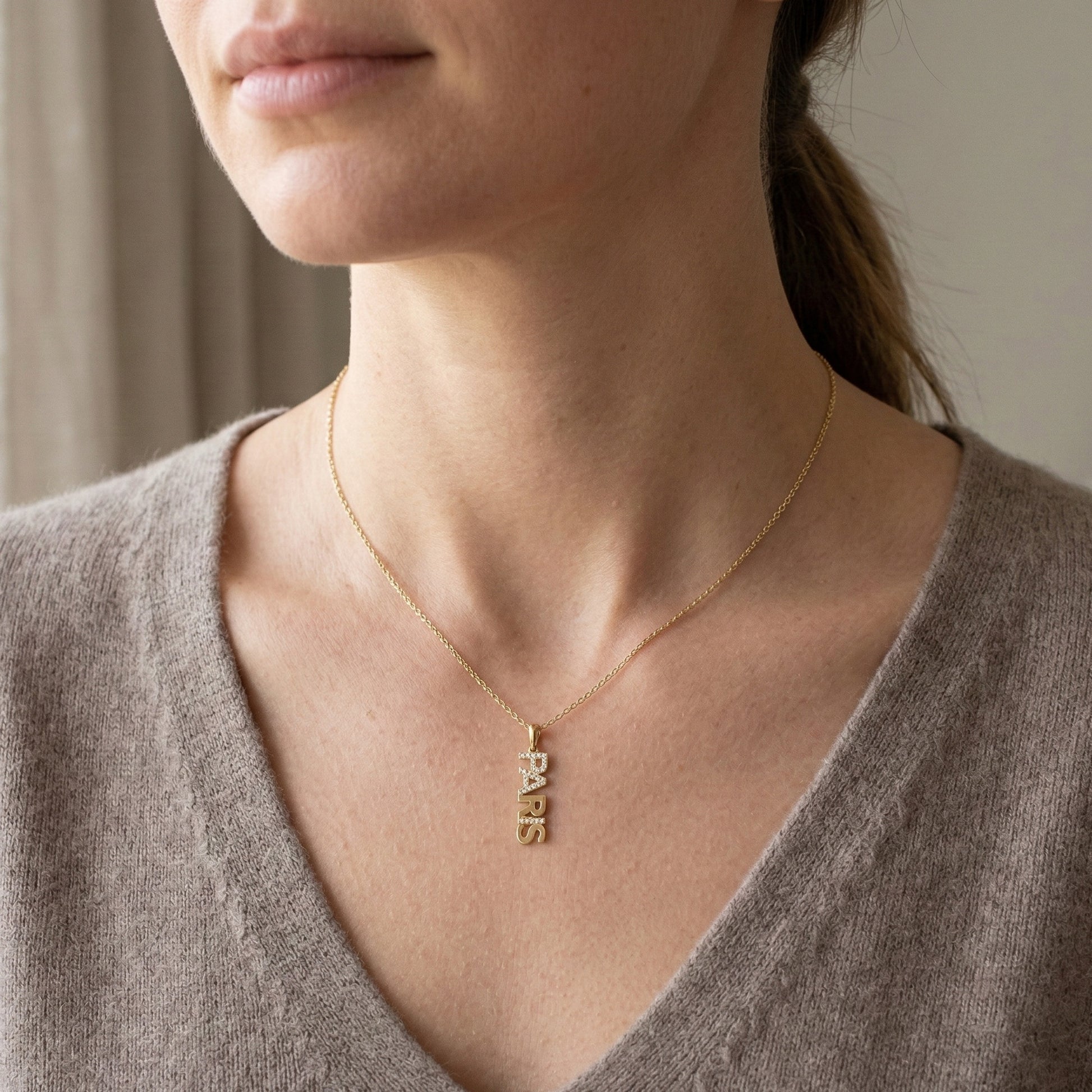 14K Solid Gold Custom Vertical Name Pendant with Diamonds, Personalized Pave Gold Fine Jewelry, Elegant Dainty Vertical Nameplate Pendant for Her