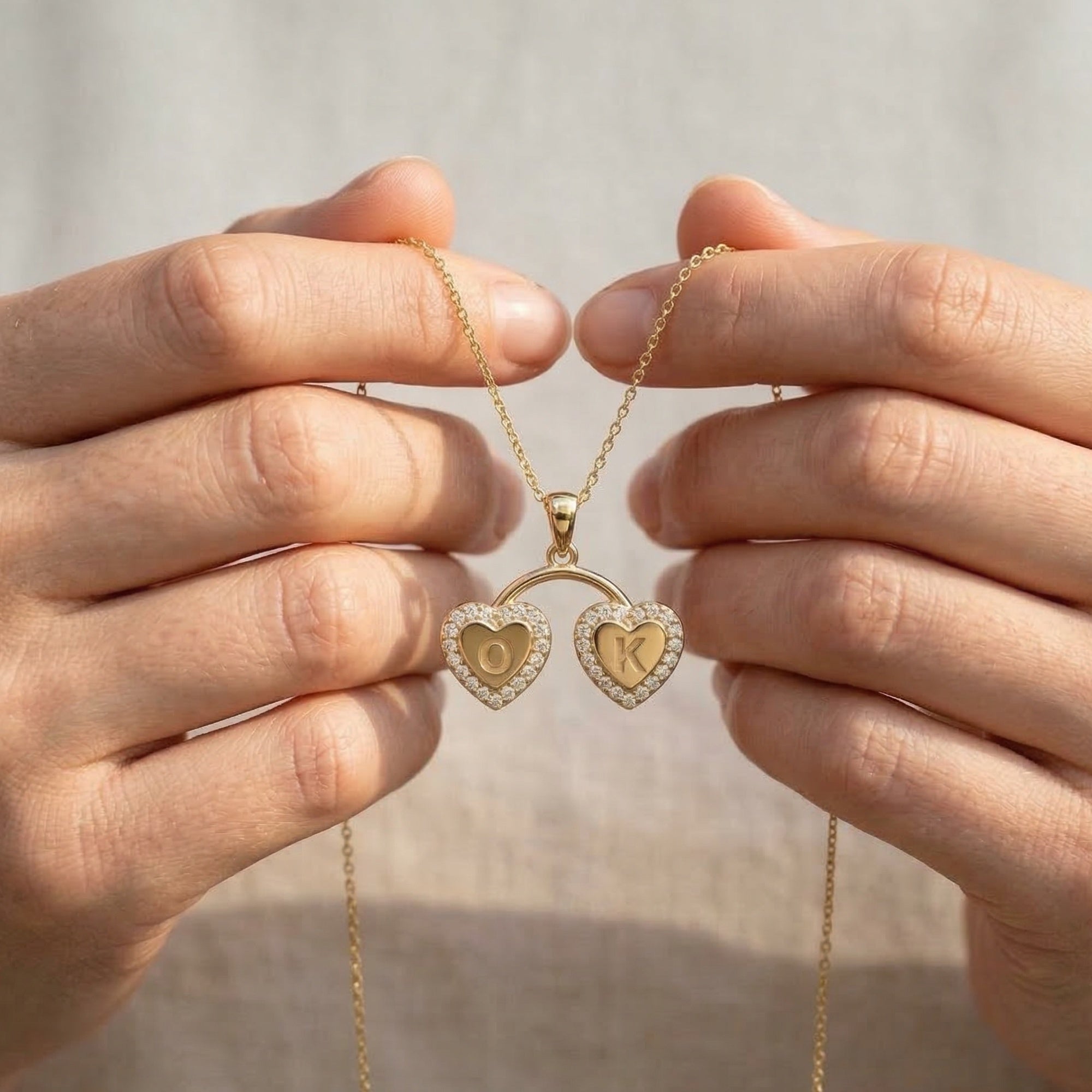 Personalized Halo Heart Monogram Pendant in 14K Solid Gold, Custom Double Initial Pendant, Gift for Her, Gold Linked Heart Pendant, Pavé Heart Jewelry, Unique Gift for Women
