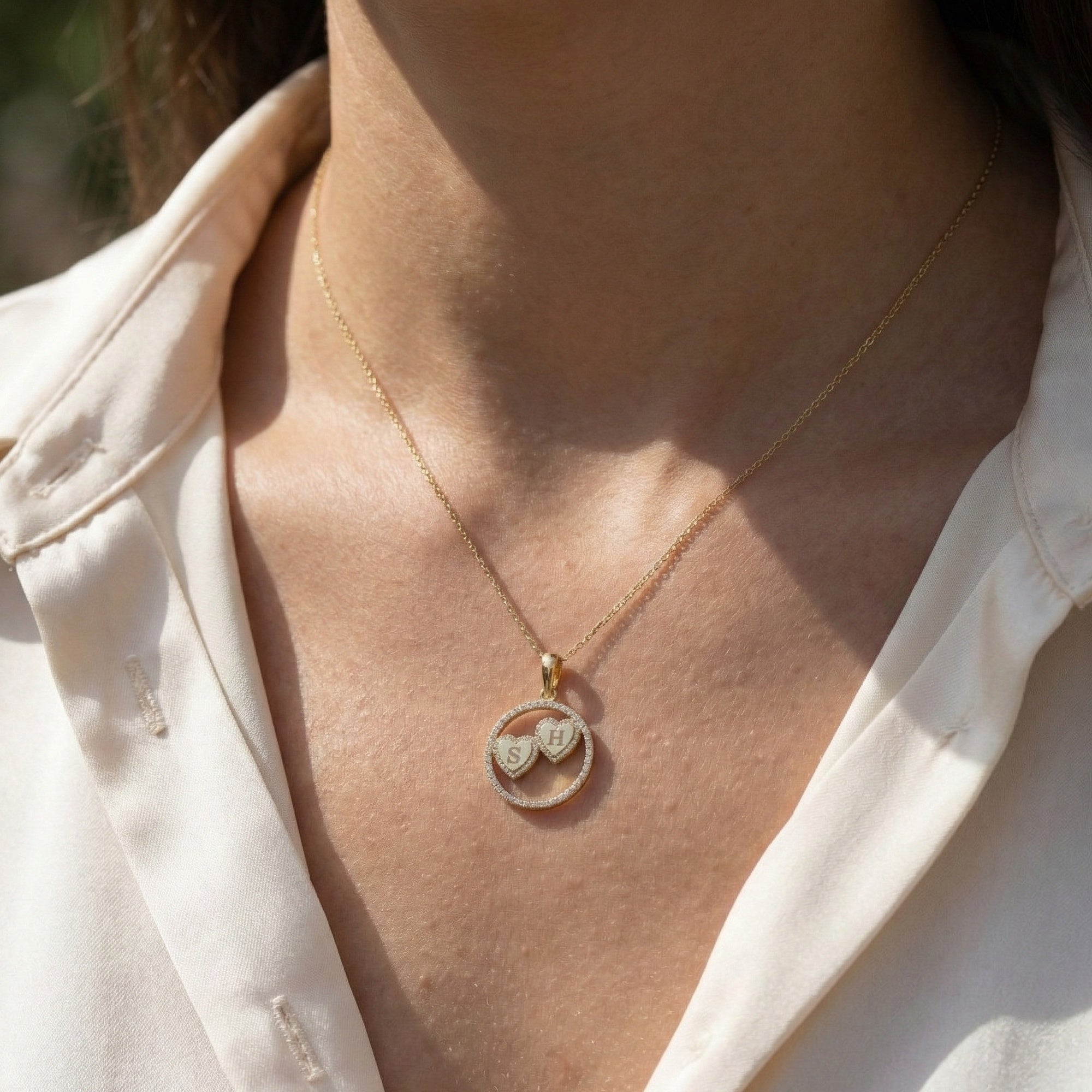 14K Solid Personalized Double Initial Signature Orbit Petite Heart Monogram Pendant, Duo Circle Custom Pendant, Romantic Gift for Wife