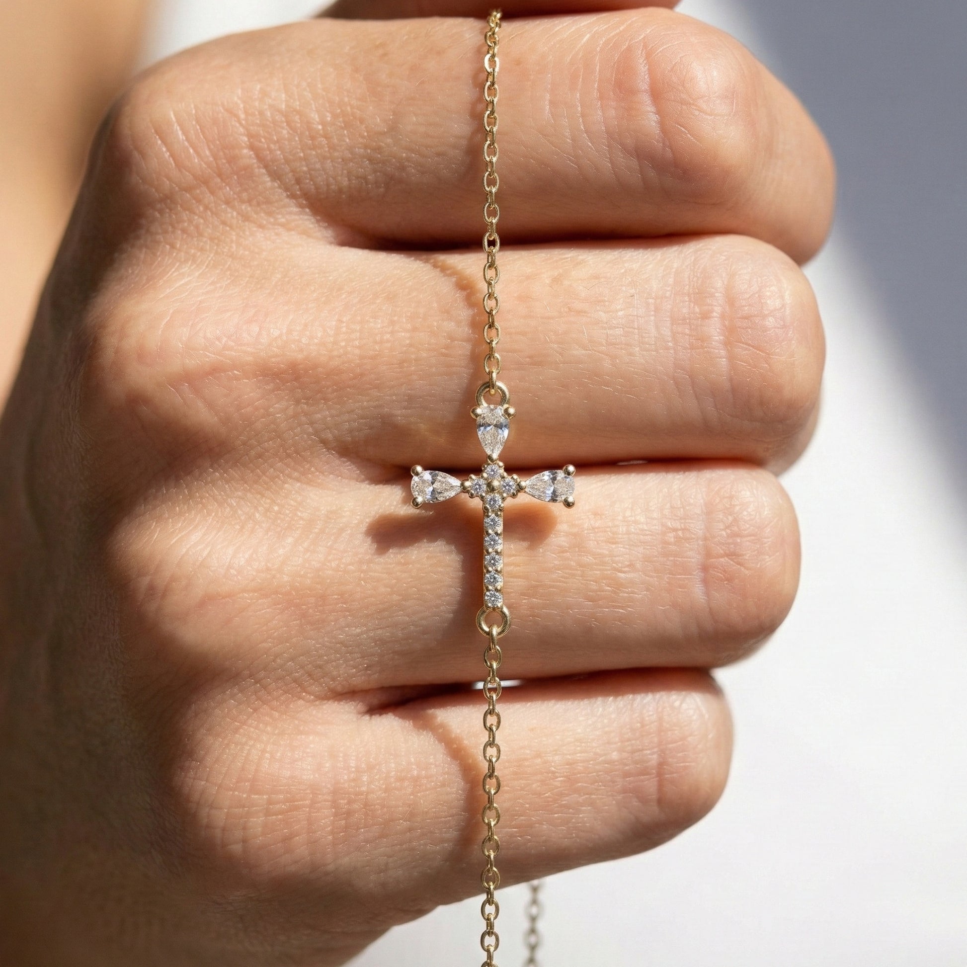 Modern Religious Cross Chain Bracelet with 14K Solid Gold, 0.75 TCW Pear Cut Lab Created Diamonds, Bridal Jewelry, Wedding Gift For Her