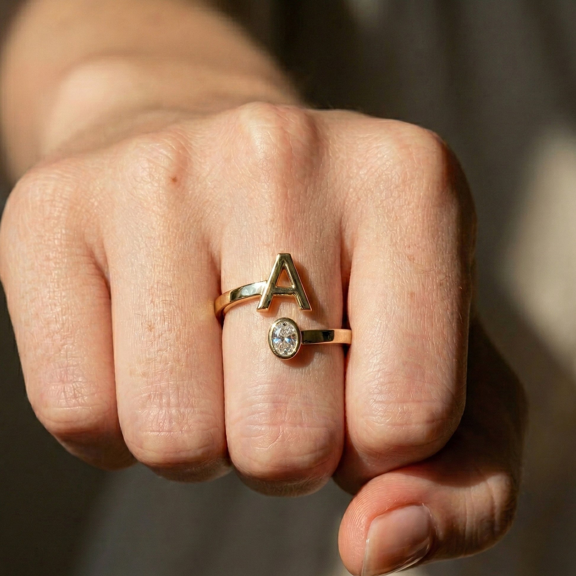 Trending Oval Cut Diamond and Initial Open Ring in 14K Solid Gold, Personalized Dainty Gold Cuff Ring, Custom Letter Bypass Jewelry, Gift for Her
