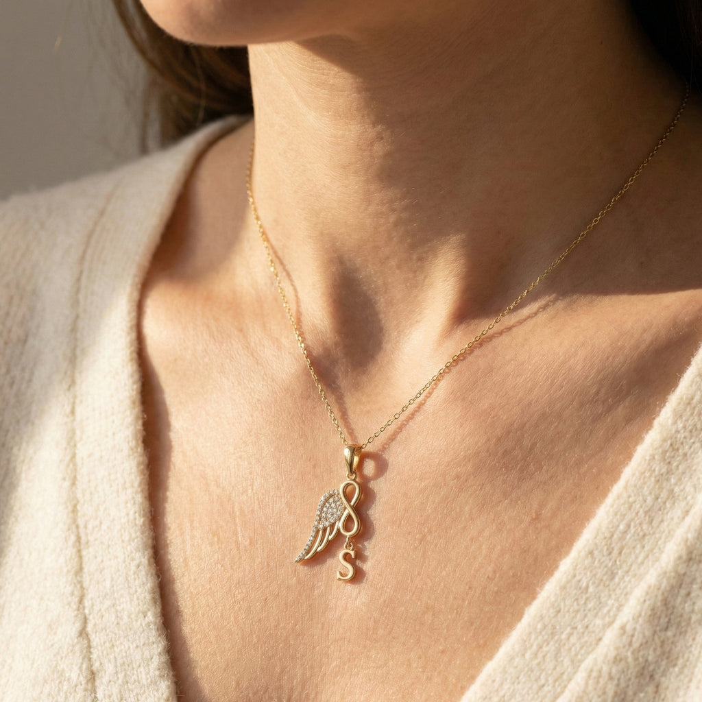 Modern Drop Initial Personalized Diamond Everyday Pendant, Angel Wing Infinity Pendant, Custom Memorial Gift for Her, Anniversary Jewelry